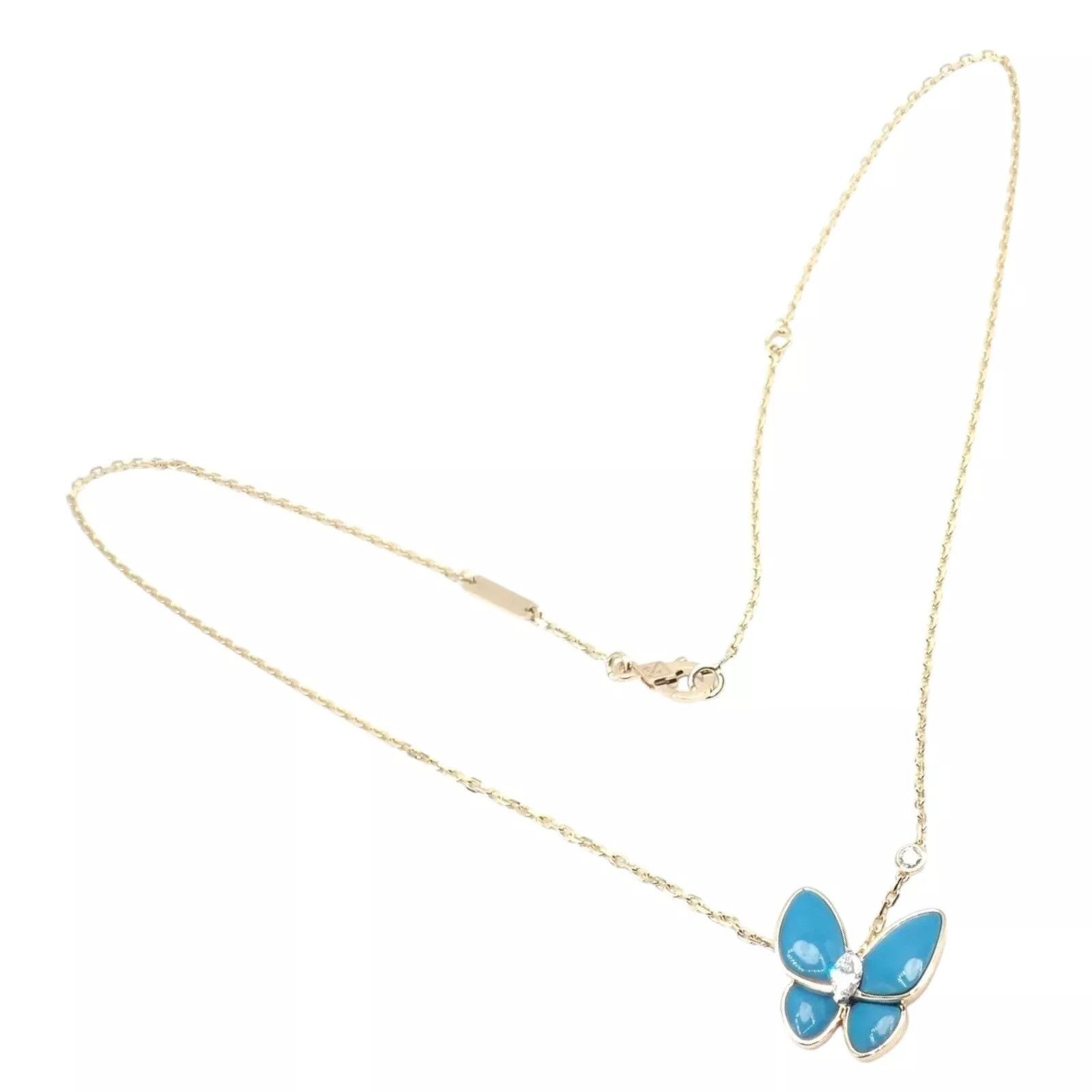 Van Cleef & Arpels 18k Gold Diamond Turquoise Butterfly Pendant Necklace Cert Size ONE SIZE - 1 Thumbnail