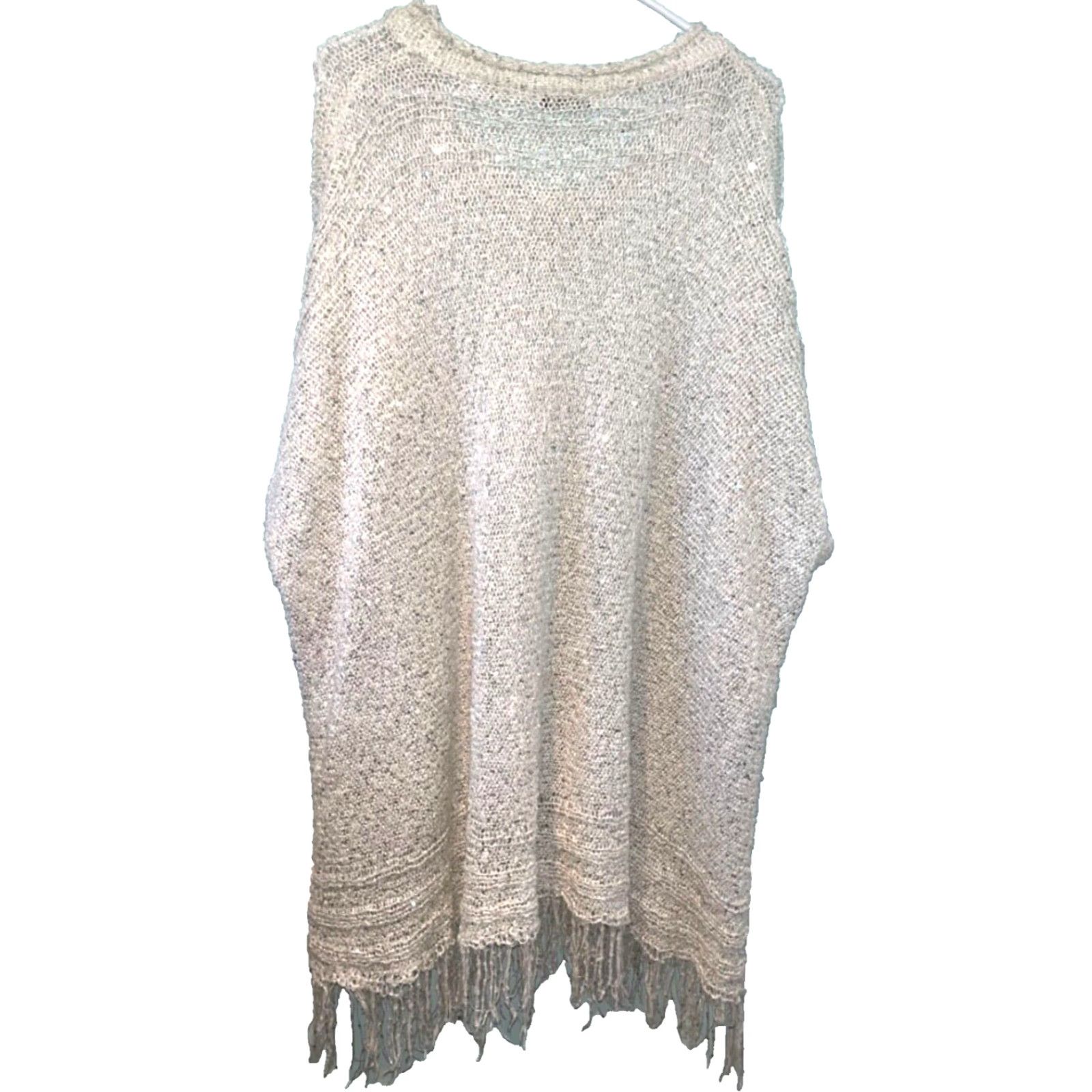 Anthropologie Anthropologie Do Everything in Love Poncho Sweater One Size Cream Open-Knit Kimono Sleeve Pom Poms Women's Knit Sweater Casual Workwear Size ONE SIZE - 6 Thumbnail