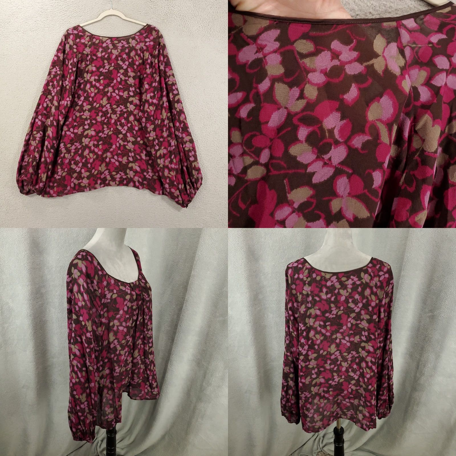 J. Jill J. Jill Silk Top Blouse Women 3X Purple Floral Sheer Balloon Sleeve Scoop Neck Pullover Bohemian Womens Size XXL / US 16-18 / IT 52-54 - 8 Thumbnail