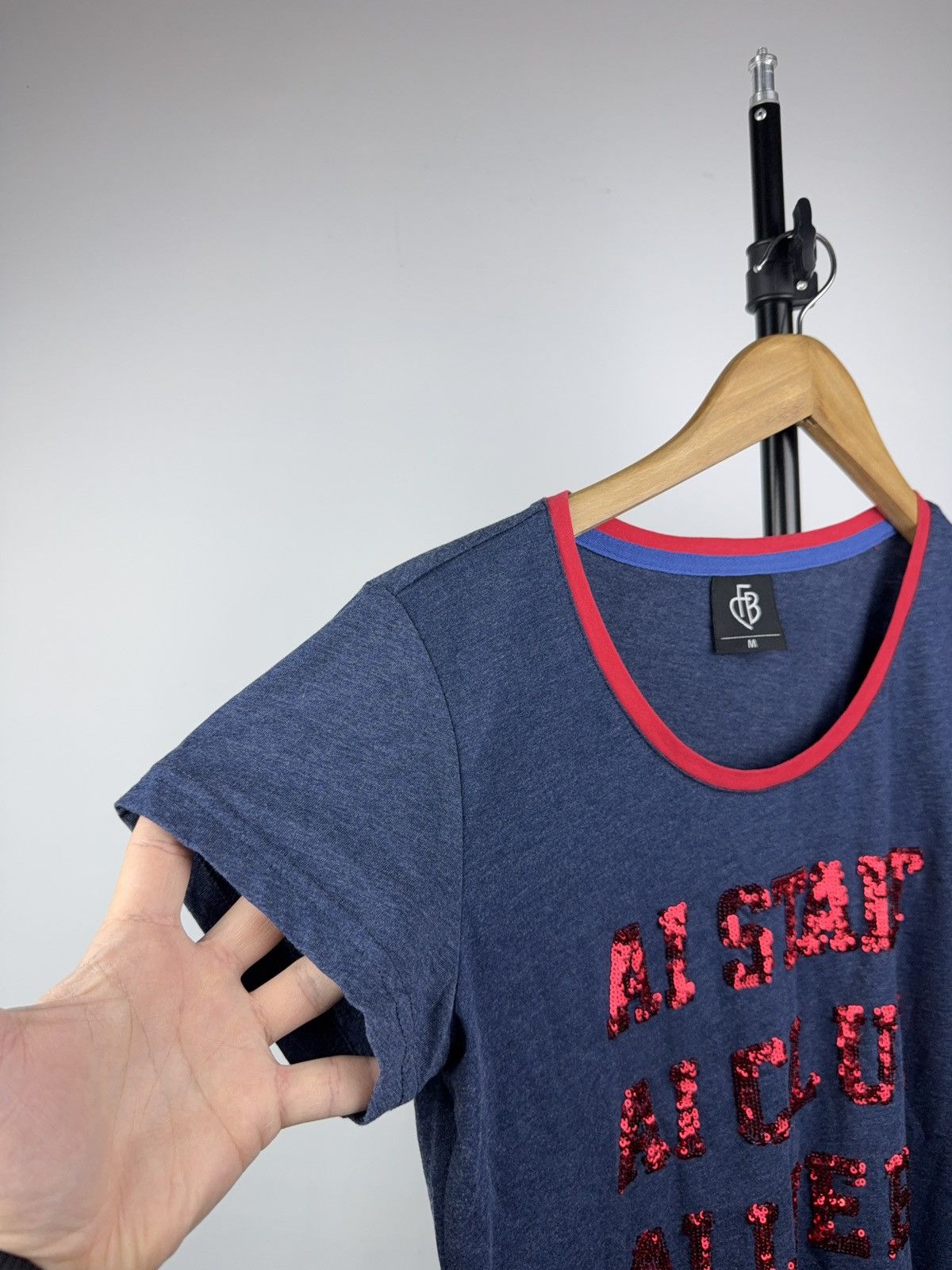 Vintage FB Basel 1893 Sequined Graphic Tee Navy Red Trim Y2K Glam Size M / US 6-8 / IT 42-44 - 3 Thumbnail