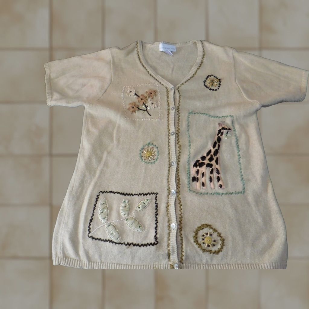 Vintage Susan Graver Cardigan Sweater Womens L Beige Cotton Ramie Knit Button Pullover Round Neck Short Raglan Sleeve Tight-Knit Regular Size L / US 10 / IT 46 - 1 Thumbnail