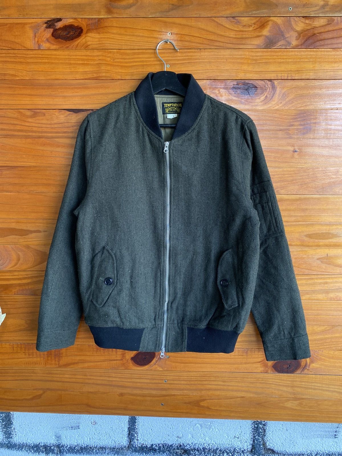 Japanese Brand Vintage Temptation Herringbone Jacket Olive Green Wool Blend Size US L / EU 52-54 / 3 - 3 Thumbnail