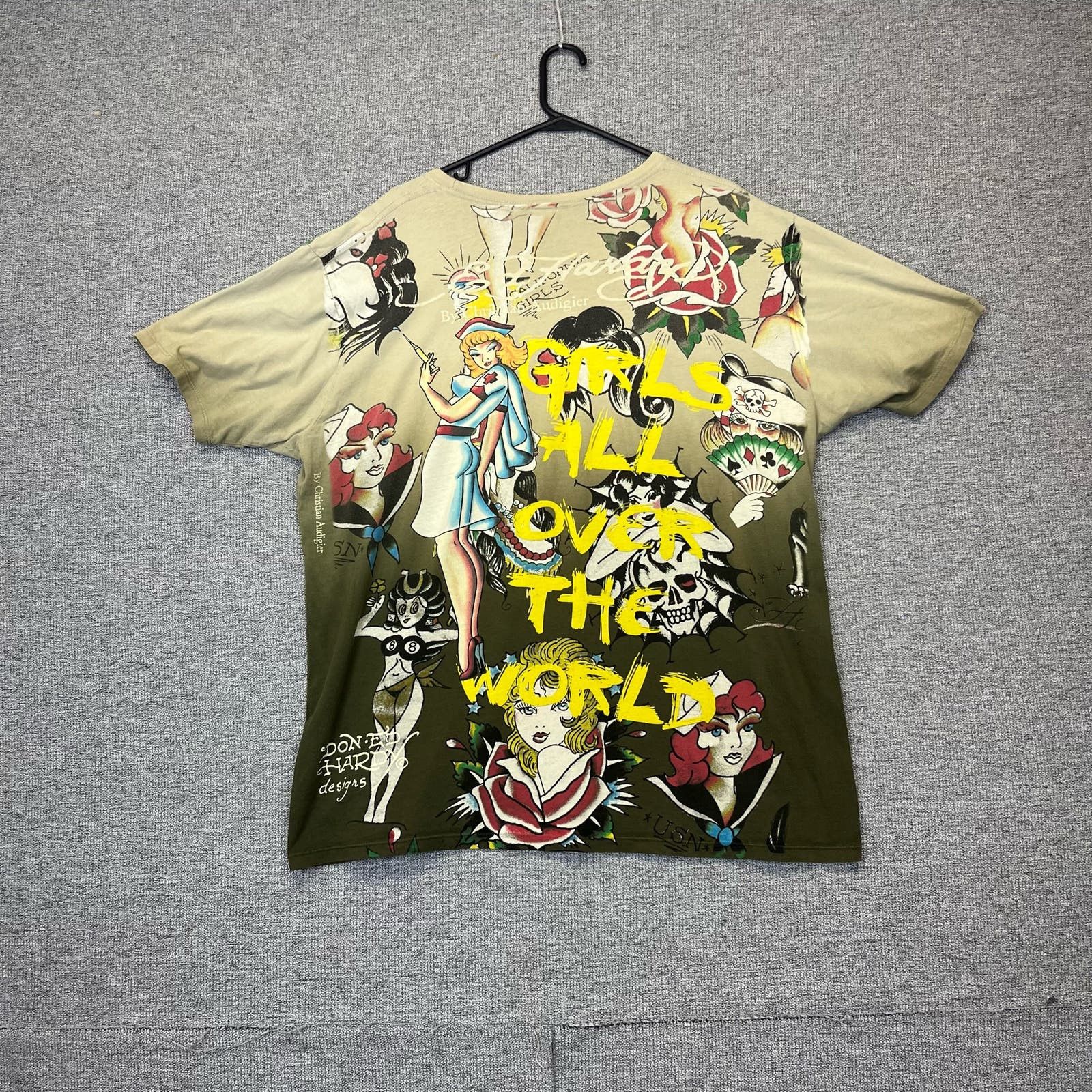 image of Crazy Vintage Y2K Ed Hardy Sexy Nurse All Over Print in Green, Men's (Size 2XL)