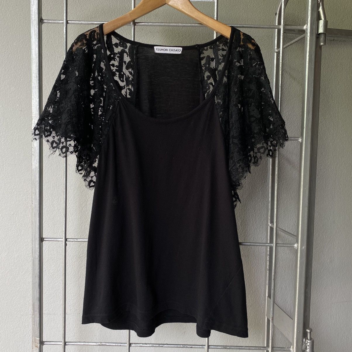 Tsumori Chisato Tsumori Chisato Black Tee with Sheer Lace Sleeves Size XS / US 0-2 / IT 36-38 - 1 Thumbnail