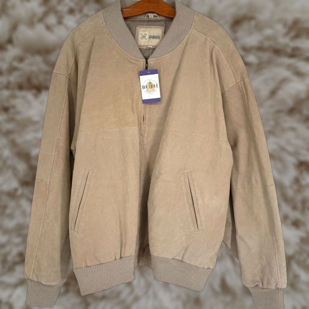 Haband XL Tan Genuine Leather Bomber Jacket With Ribbed Trim Quilted Lining