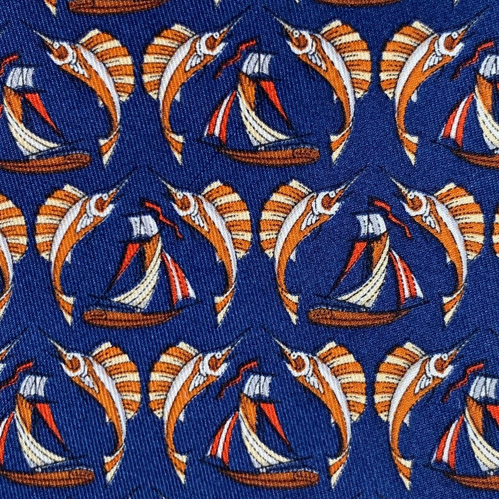 Salvatore Ferragamo SALVATORE FERRAGAMO Navy Orange Swordfish Nautical Silk Tie Size ONE SIZE - 2 Thumbnail