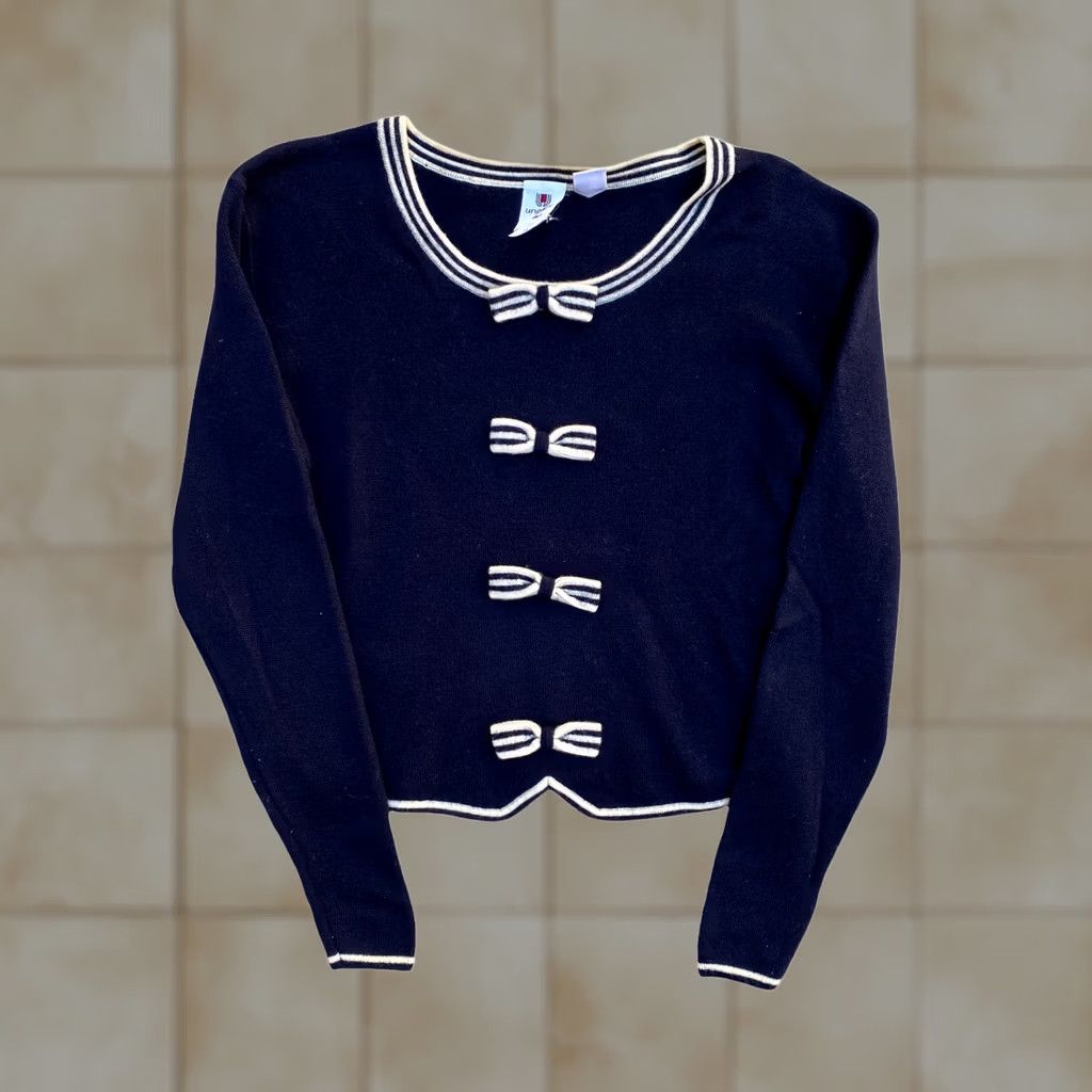 Emanuel Ungaro UNGARO ter Women’s Designer Vintage 80s 90s Pure Wool Bow Pullover Sweater | M Blue Size M / US 6-8 / IT 42-44 - 1 Thumbnail