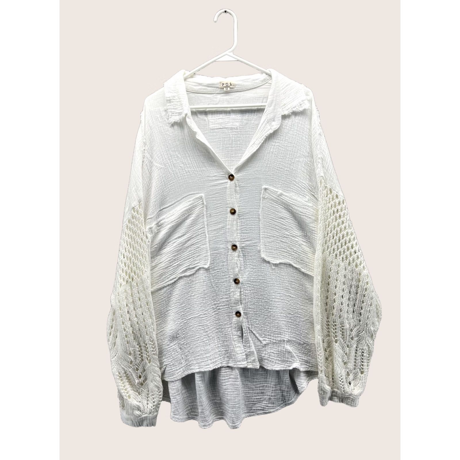 Vintage POL Tunic Blouse Womens M White Crochet Balloon Sleeve Button Front Top Size M / US 6-8 / IT 42-44 - 1 Thumbnail