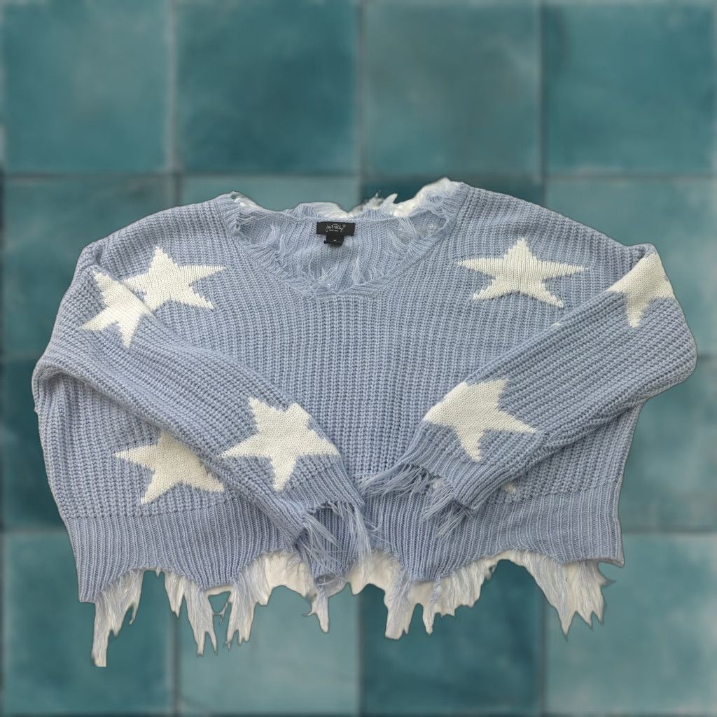 Vintage Just Polly Sweater Adult Medium Blue V-Neck Cropped Fringe Stars Pullover Womens Size M / US 6-8 / IT 42-44 - 1 Thumbnail