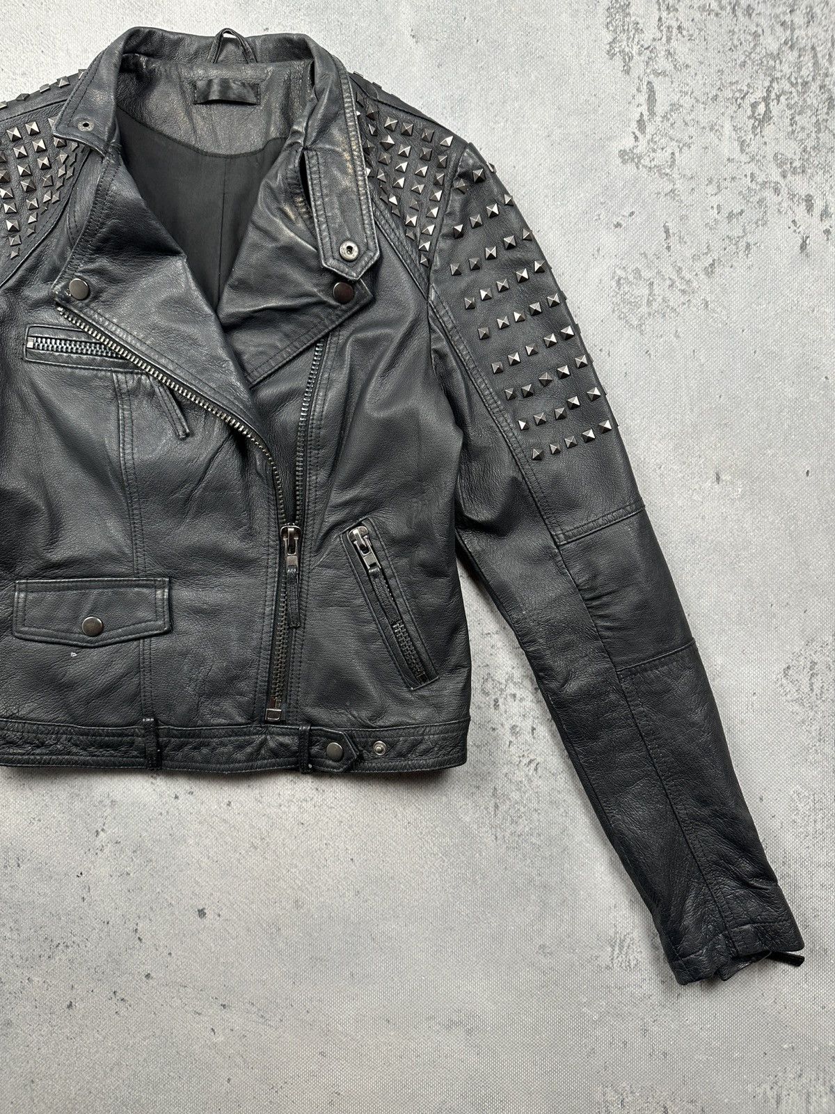 Genuine Leather Never Denim Studded Leather Biker Jacket Black Punk Moto Y2K Size S / US 4 / IT 40 - 10 Thumbnail