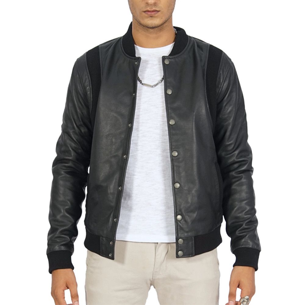 image of Charlie Bomber Black Leather Jacket, Men's (Size Medium)