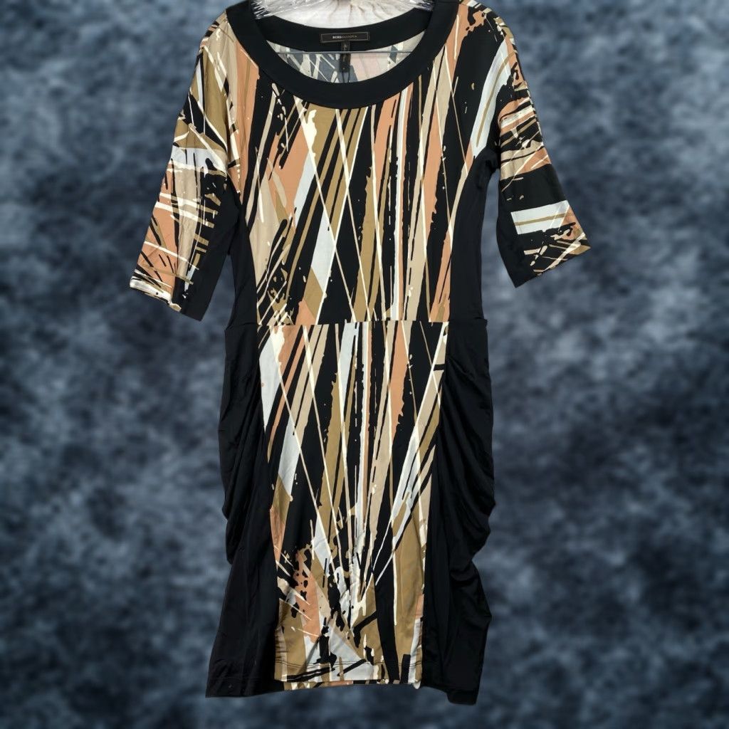 Bcbgmaxazria BCBGMAXAZRIA Dress S Black Abstract Jersey Knit Ruched Sides Boat Neck NWOT Women Dress Size S / US 4 / IT 40 - 1 Thumbnail