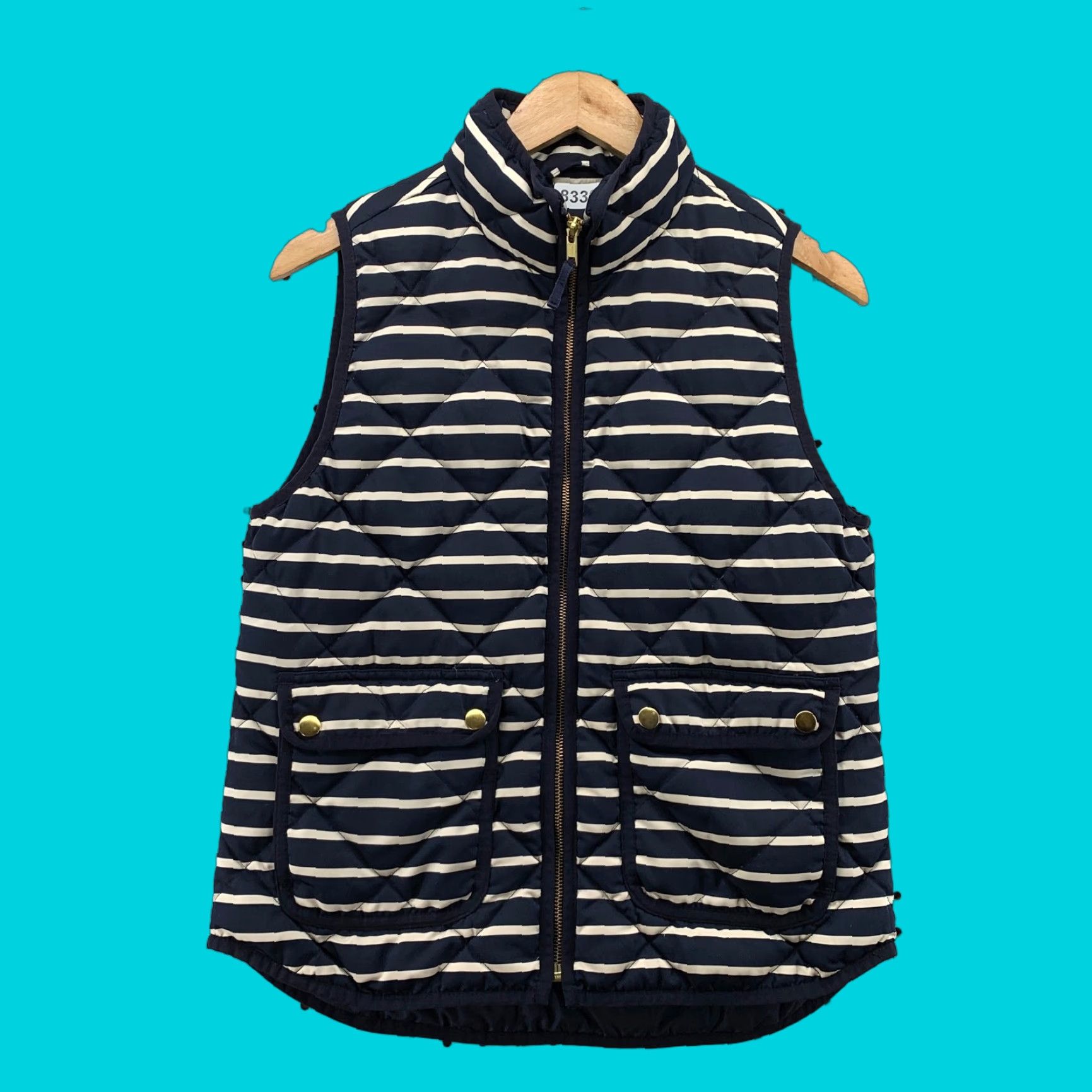 J.Crew JCrew Down Vest Puffer Jacket Women Small Blue Striped Sleeveless 18.5x24 Zip Pockets Casual Fall Winter - Mens Womens Size S / US 4 / IT 40 - 1 Thumbnail
