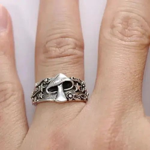 Handmade × Jewelry Mushroom Ring DMT Silver Shrooms Punk Art Trippy Psychedelic Size ONE SIZE - 3 Thumbnail