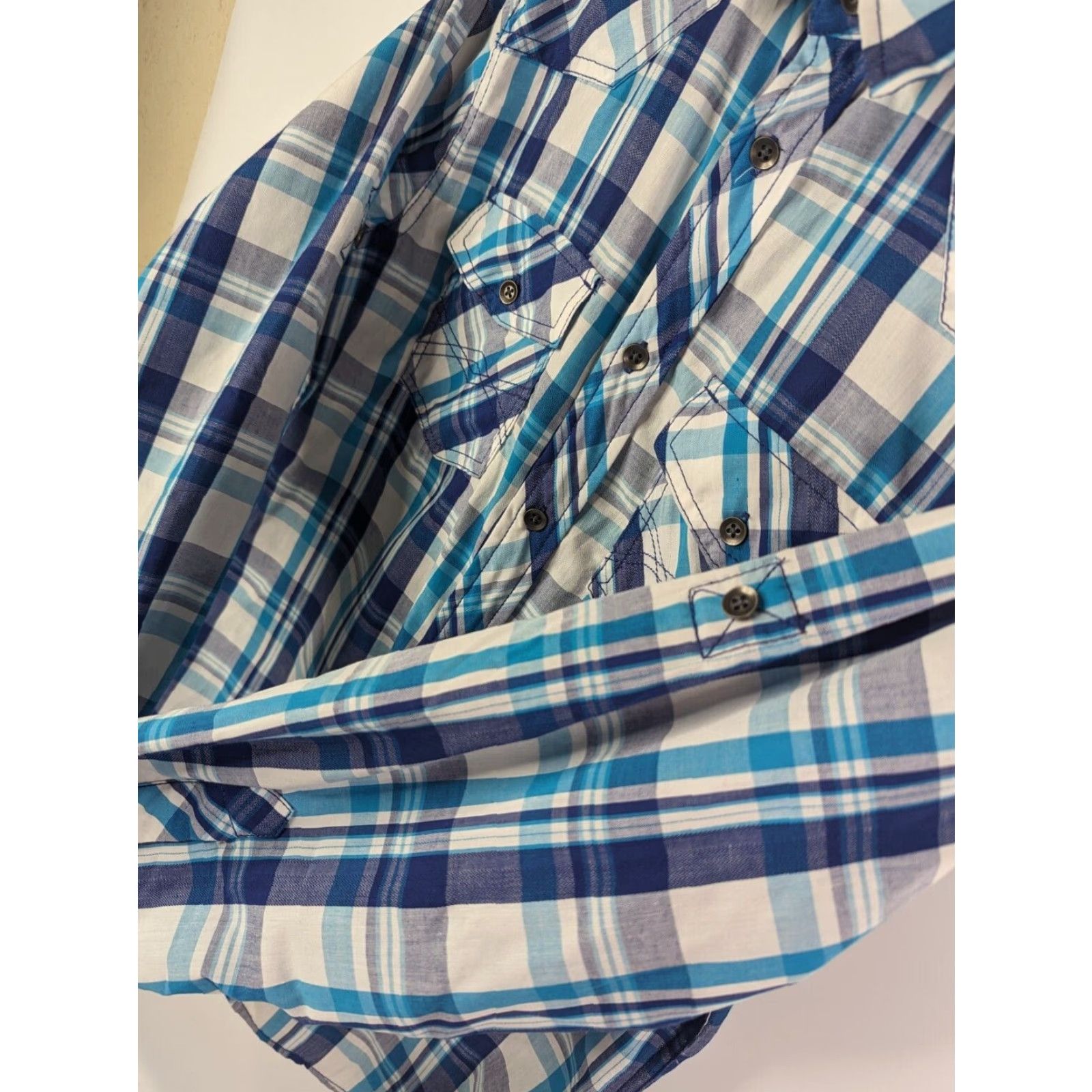 Vintage Rock & Republic Button-Up Long Sleeve Shirt Men's Small Blue Plaid Easy Care Fabric Cotton Blend Shirt Size US S / EU 44-46 / 1 - 4 Thumbnail