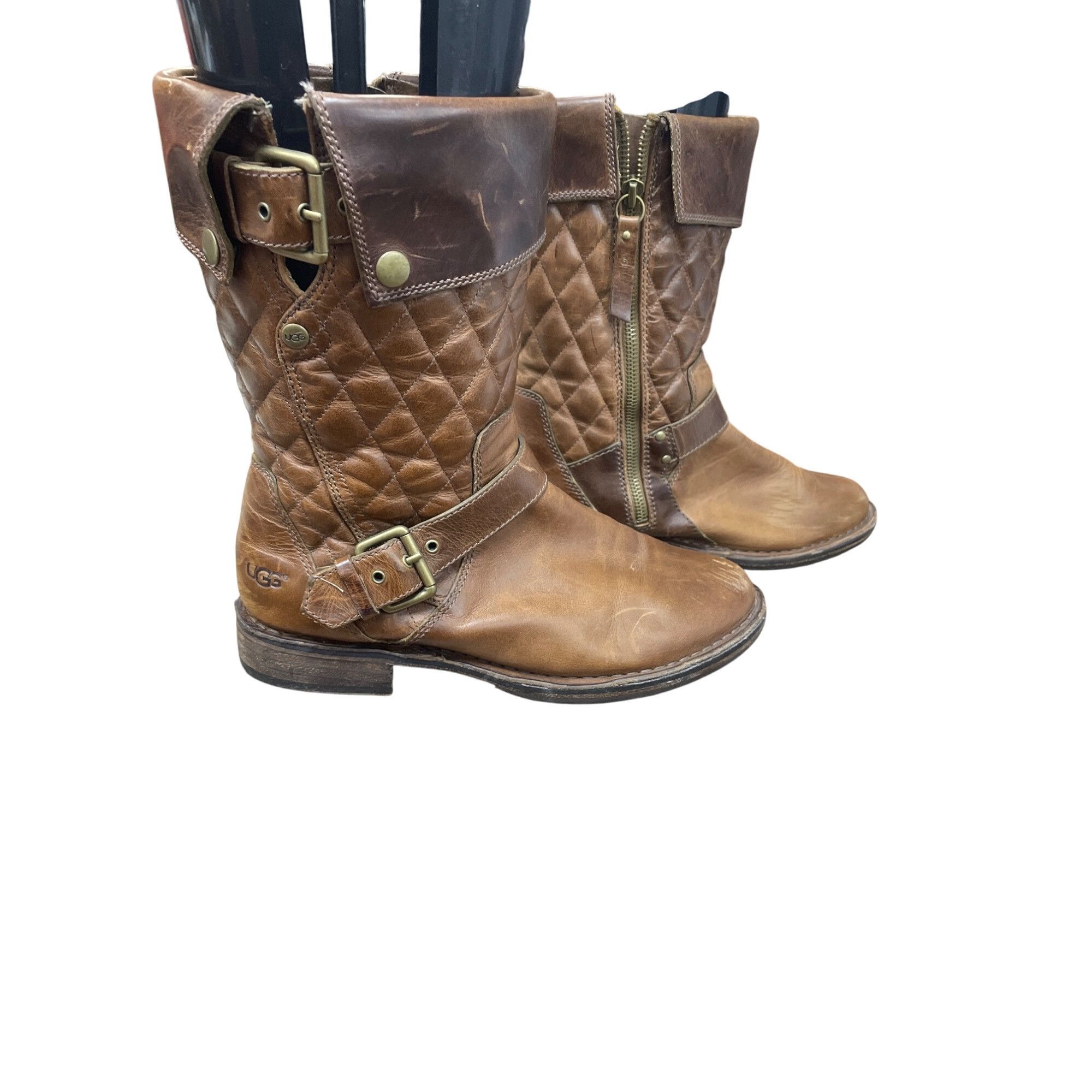 Ugg UGG Womans Brown Leather Moto Quilted Mid Calf Boots Sz 7.5 Size US 7.5 / IT 37.5 - 4 Thumbnail