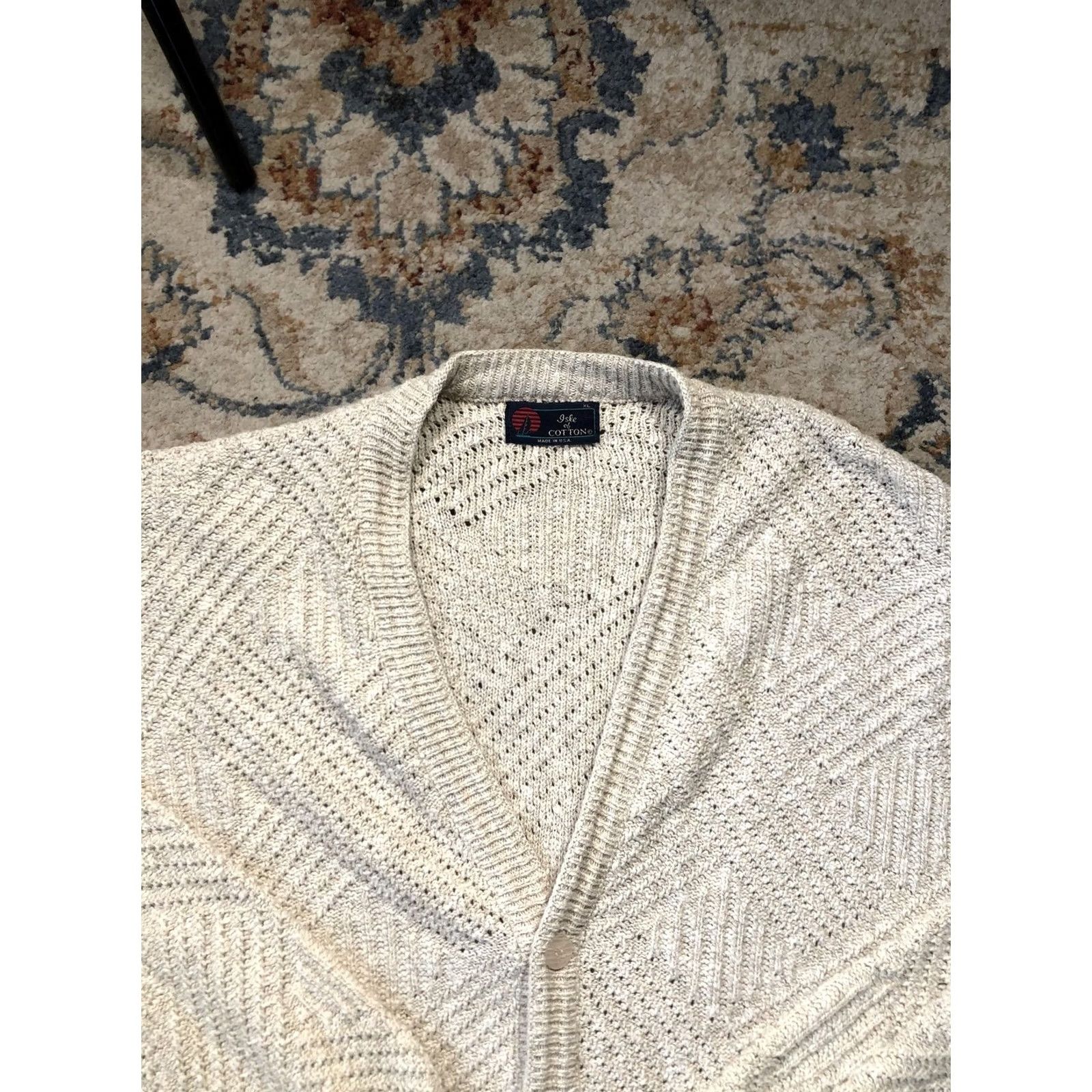 Vintage VINTAGE Isle of Cotton Cardigan Shirt XL Beige Knit Button Geometric Open-Knit V-Neck Mens 80s Size US XL / EU 56 / 4 - 2 Thumbnail
