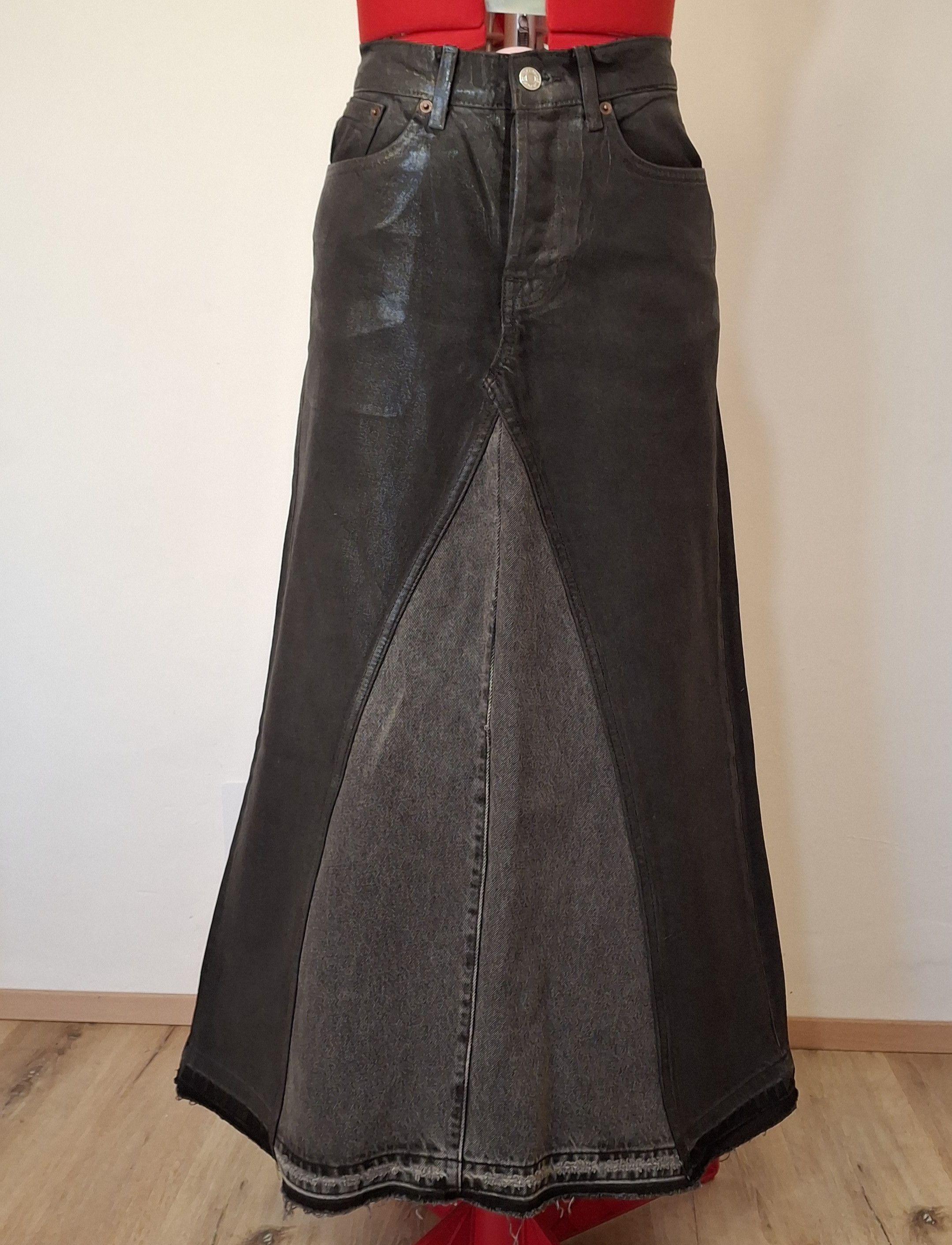 Handmade ​Custom Waxed Denim 1/1 Reconstructed Maxi Skirt M Size 32" / US 10 / IT 46 - 1 Thumbnail