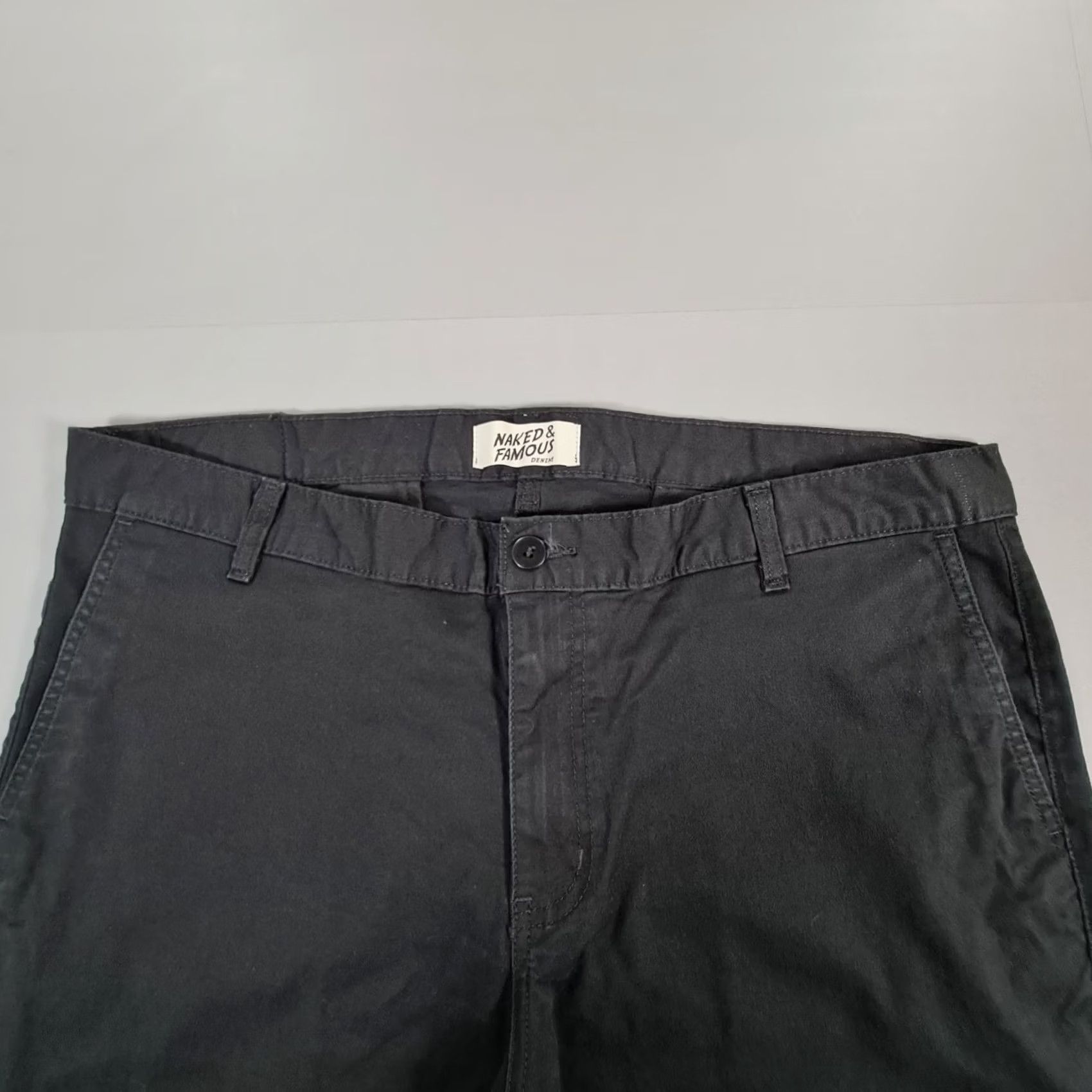 Vintage Naked & Famous Mens Chino Trousers Black W40 L31 Slim Stretch Japanese Fabric Denim Flat Front Zip Pocket Size US 40 / EU 56 - 2 Thumbnail
