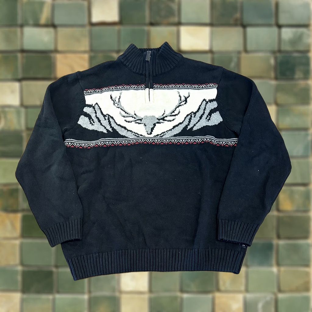 Chaps VINTAGE Chaps Ralph Lauren Deer Skull 1/4 Zip Knit Sweater XL Mens Black Cotton Pullover Size US XL / EU 56 / 4 - 1 Thumbnail