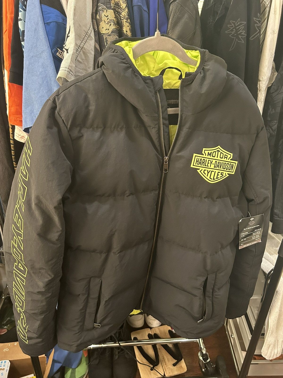 image of NWT Harley Davidson Bar & Shield Hooded Puffer Jacket in Black Neon, Men's (Size Large)