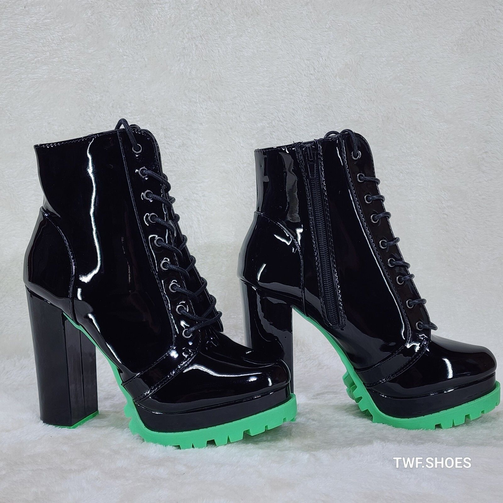 Other Vivian Black Patent Neon Green Lug Sole Chunky Heel Platform Size US 6 / IT 36 - 4 Thumbnail