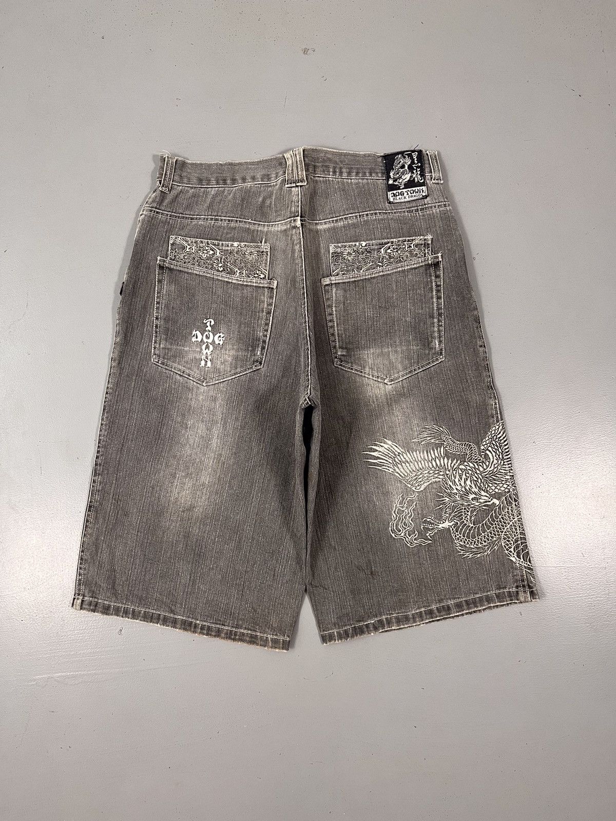 image of Dogtown x Jnco Crazy Vintage Dragon Embroidered Dogtwown Jort in Grey, Men's (Size 34)