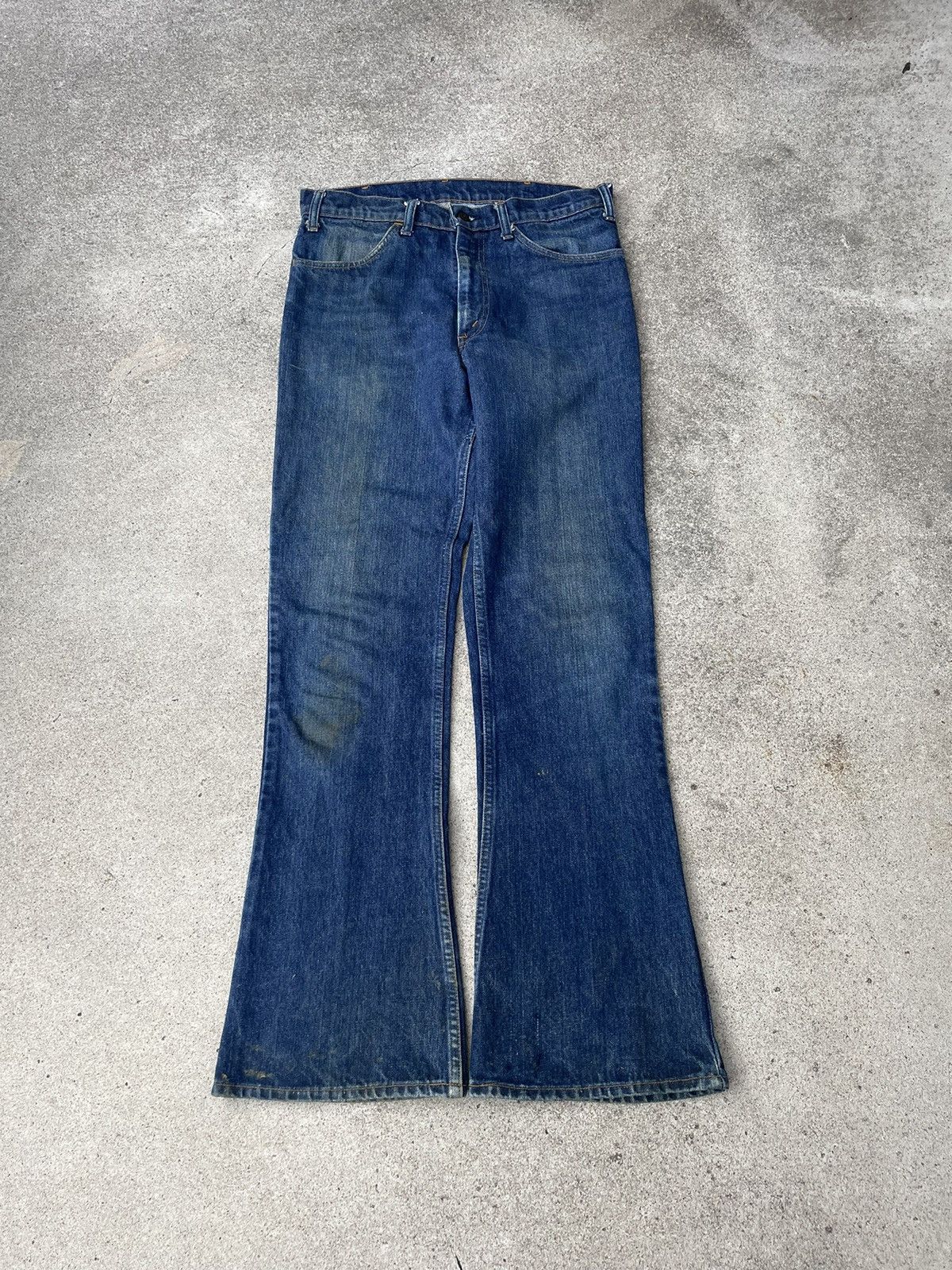 image of Distressed Denim x Levis VTG 70’S Levi’S 646 Bellbottom Flare Orange Tab Jeans 33X33 in Blue (Size 