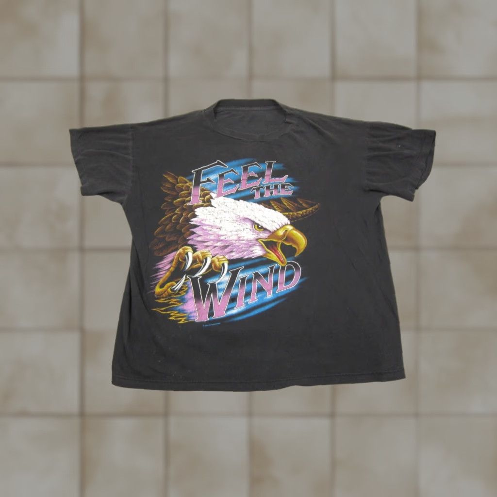 VINTAGE Eagle Shirt Mens XL Black 90s Feel The Wind Graphic Adult Short Sleeve Crew Neck T-Shirt