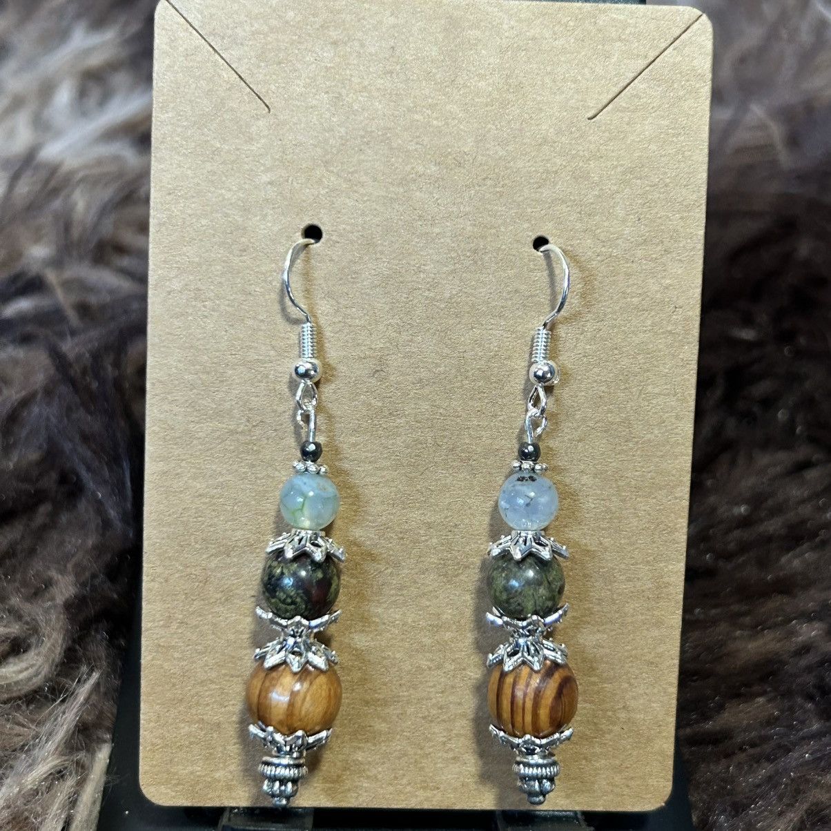 Handmade Handcrafted vintage wood bead dragon vein agate earrings Size ONE SIZE - 2 Thumbnail