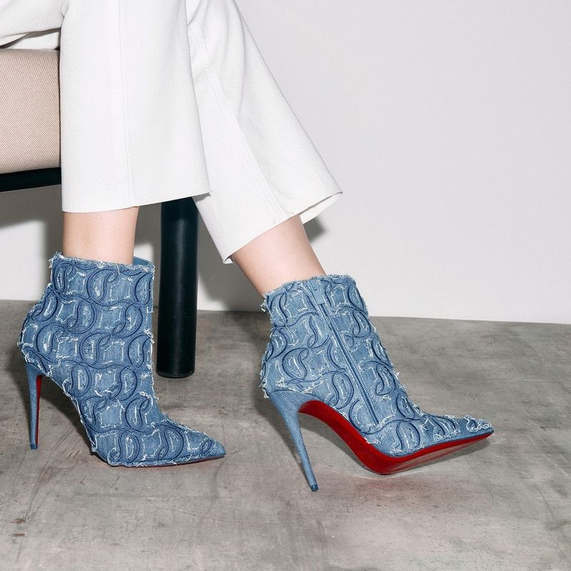 Christian Louboutin os11x0526 So Kate Booty Toile Denim 10mm Brode Boots in Blue Size US 7 / IT 37 - 3 Thumbnail