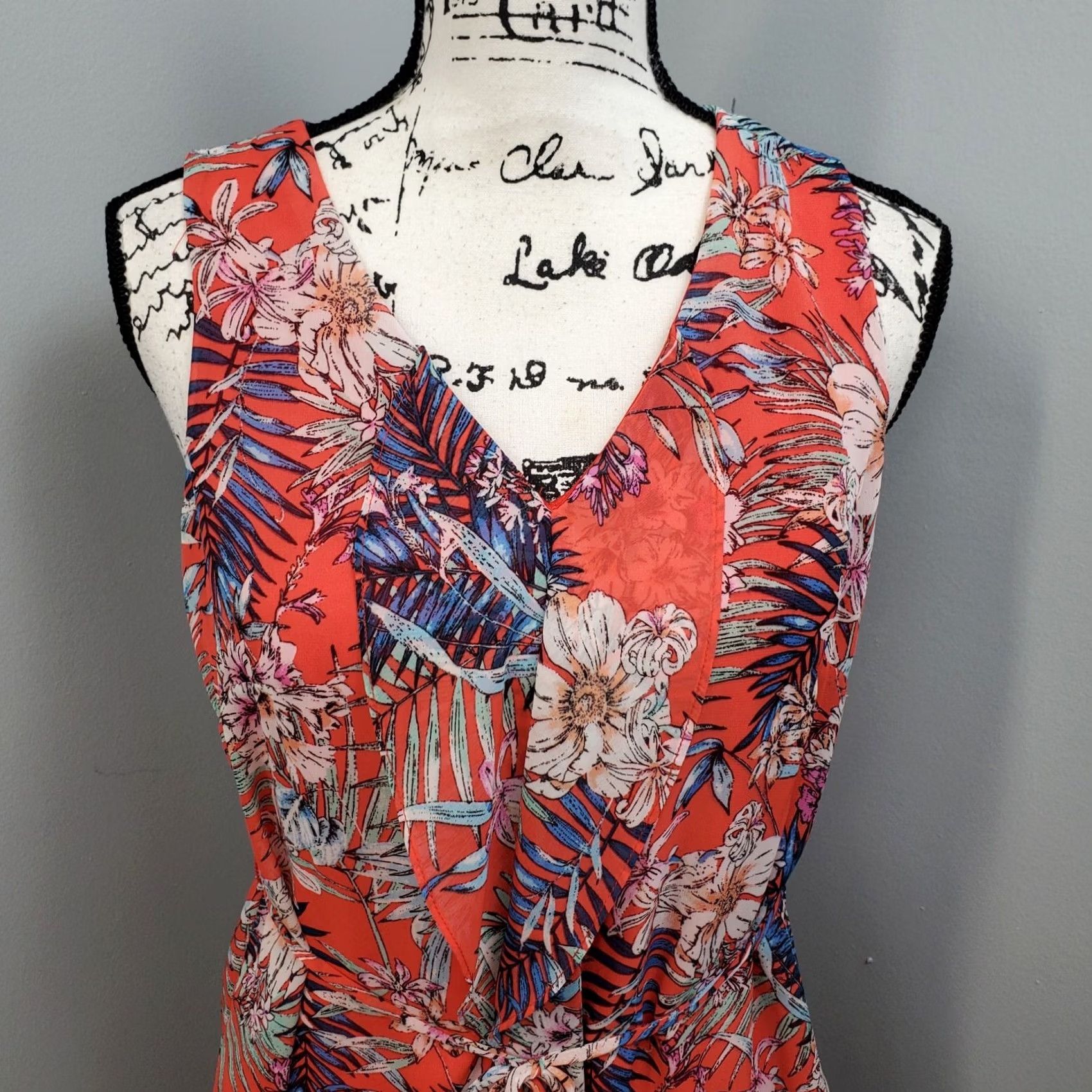 Vintage SOHO Apparel Womens PS Floral Leaf Lined Ruffle Front Tie Waist Mini Dress Shirt Dress Size S / US 4 / IT 40 - 4 Thumbnail