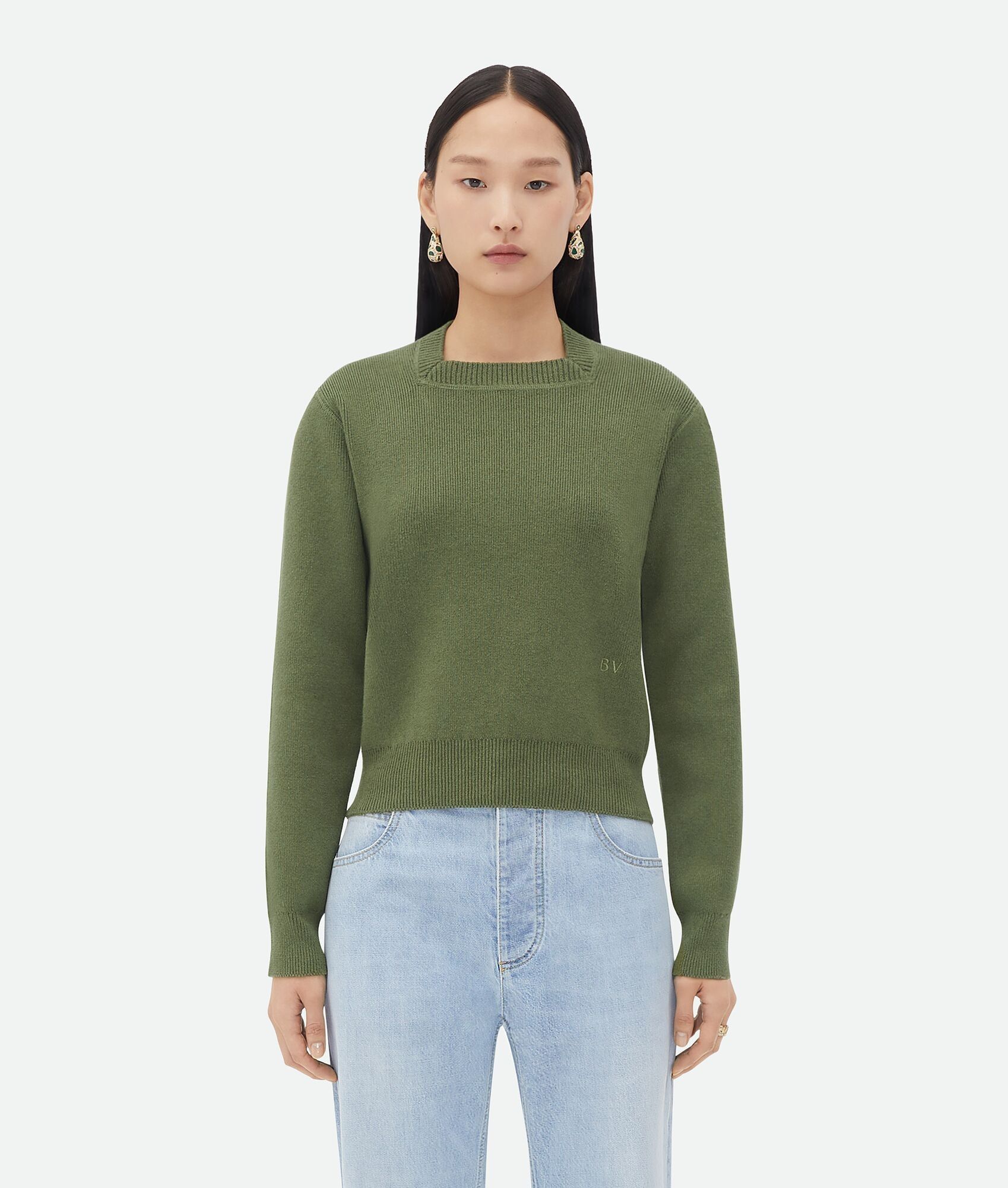 Bottega Veneta o1n1vont0625 Linen "Bv" Embroidery Jumper in Leaf Size S / US 4 / IT 40 - 1 Thumbnail