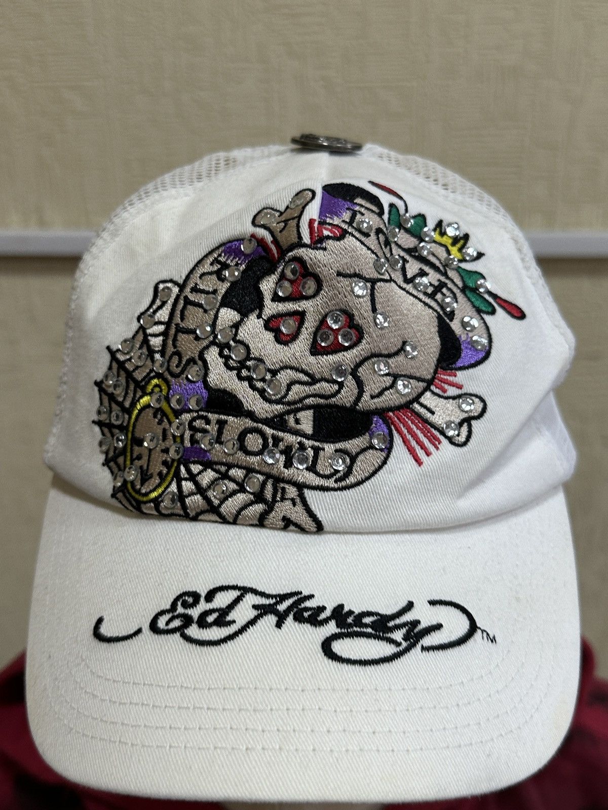 Ed Hardy × Vintage Vintage Ed Hardy Rhinestones Skull WebTrucker Hat Cap Size ONE SIZE - 4 Thumbnail