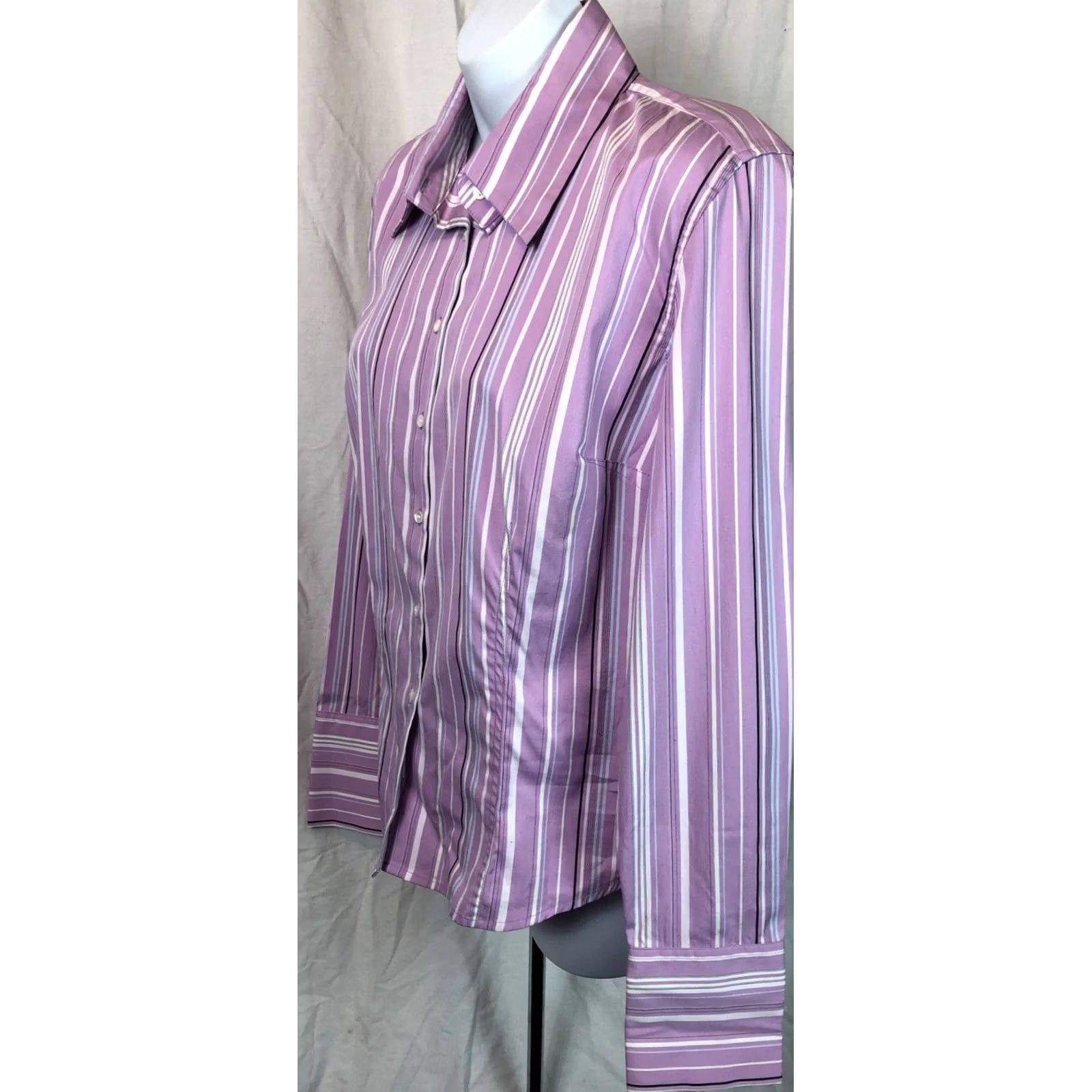 Express VINTAGE Express Button-Up Blouse 12 Purple Stripe Long Sleeve Shirt Womens 12 Purple Stripe y2k career workwear Size XL / US 12-14 / IT 48-50 - 2 Thumbnail