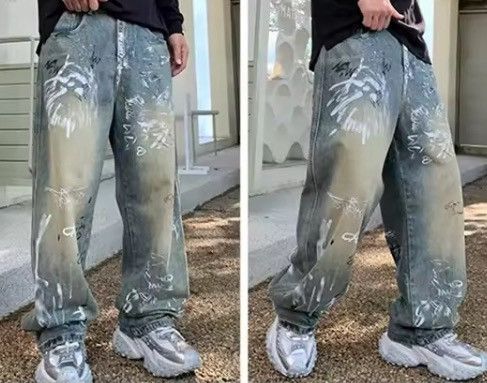 Jean Graffiti-Print Wide-Leg Denim Pants | Oversized Streetwear Size US 30 / EU 46 - 6 Thumbnail