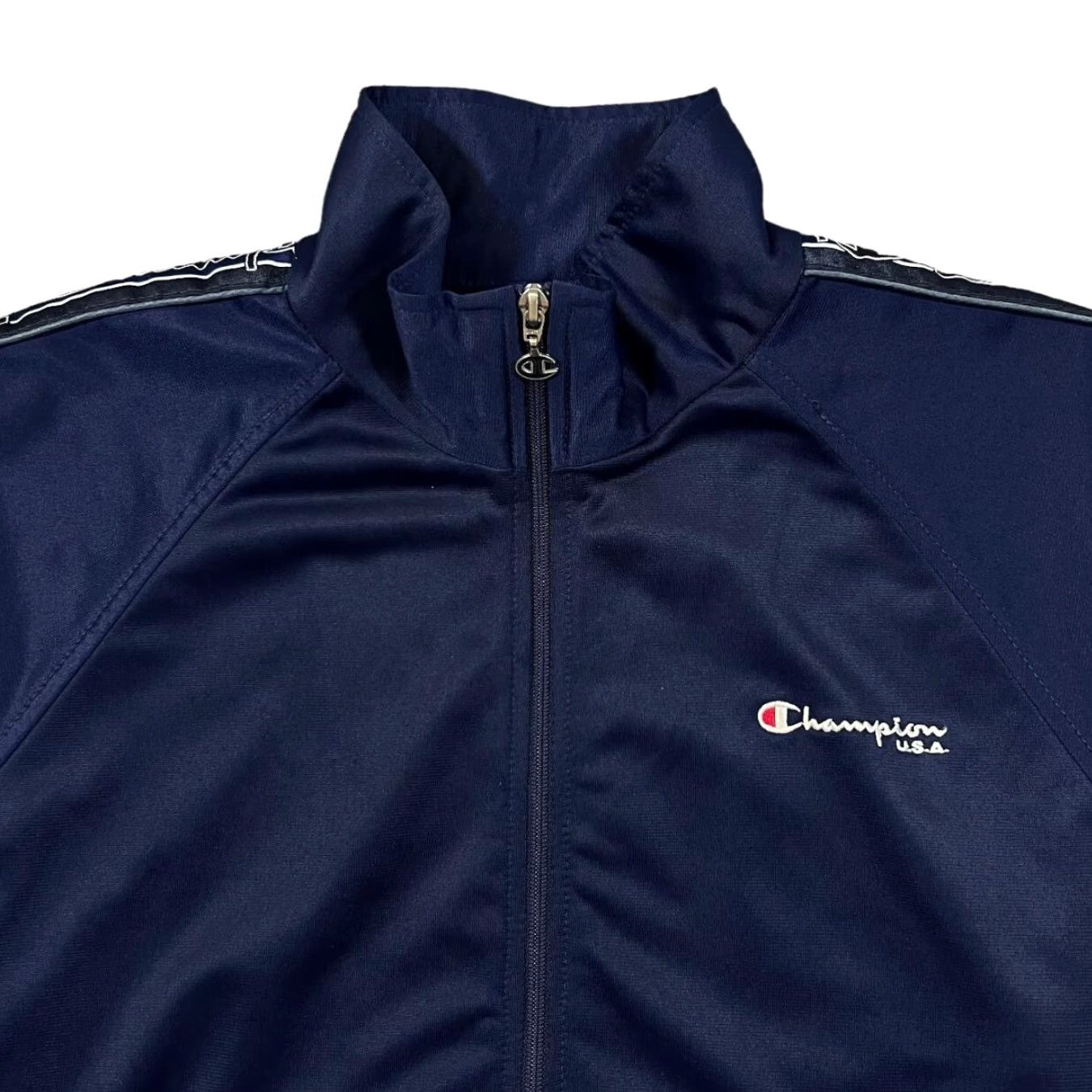 Champion VINTAGE Champion USA Tape Sleeve Embroidered Mini Logo Zip Tracksuit Jacket XS Blue Mens Jacket Track Size US 27 - 3 Thumbnail