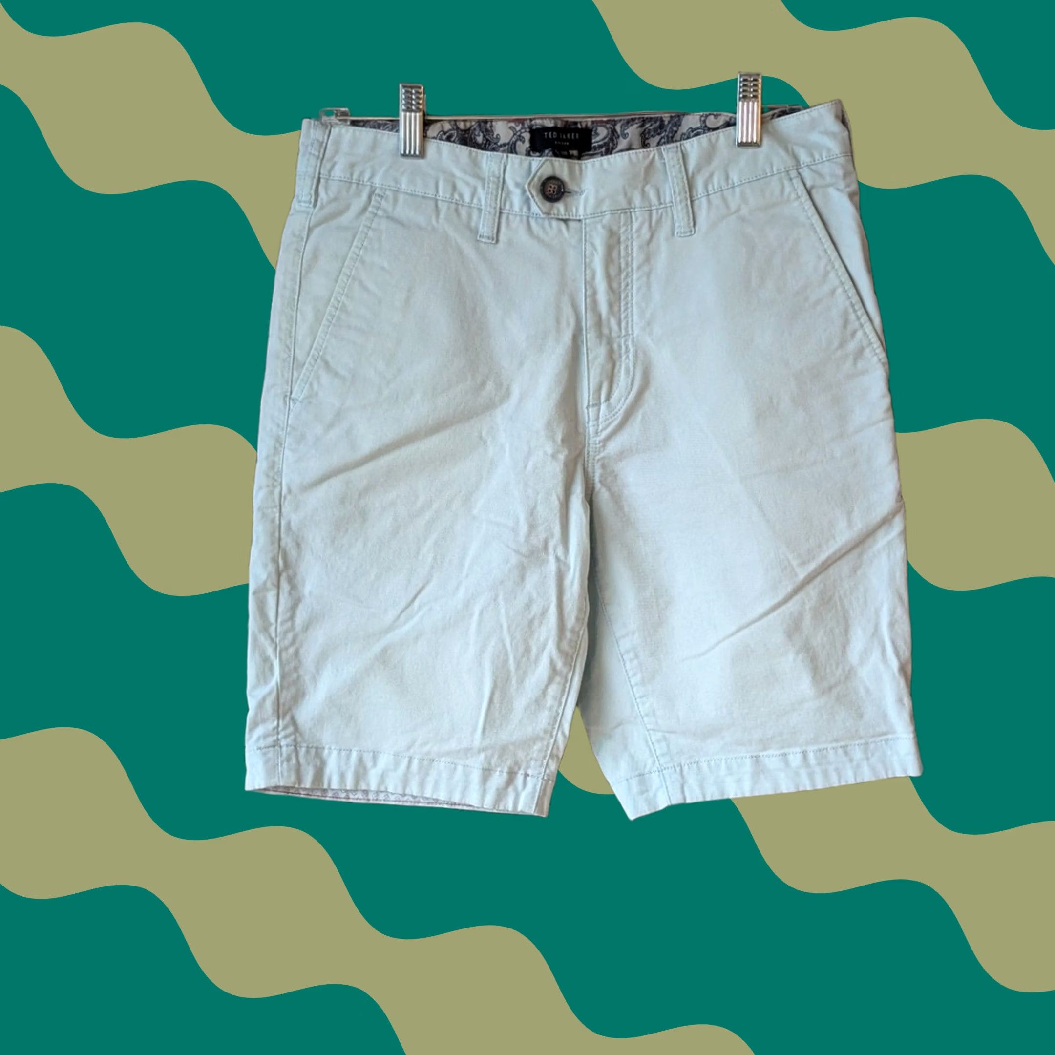 Ted Baker Ted Baker Chino Shorts Mens 30 Mint Green Solid Flat Front 9 in Inseam Cotton Blend Pockets Button Closure Casual Travel Summer Size US 30 / EU 46 - 1 Thumbnail