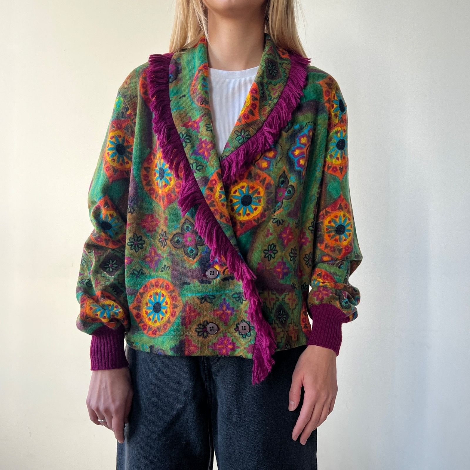 Marella Marella Italy Wool Blend Boho Ethnic Fringe Cardigan 9708AC Size S / US 4 / IT 40 - 3 Thumbnail
