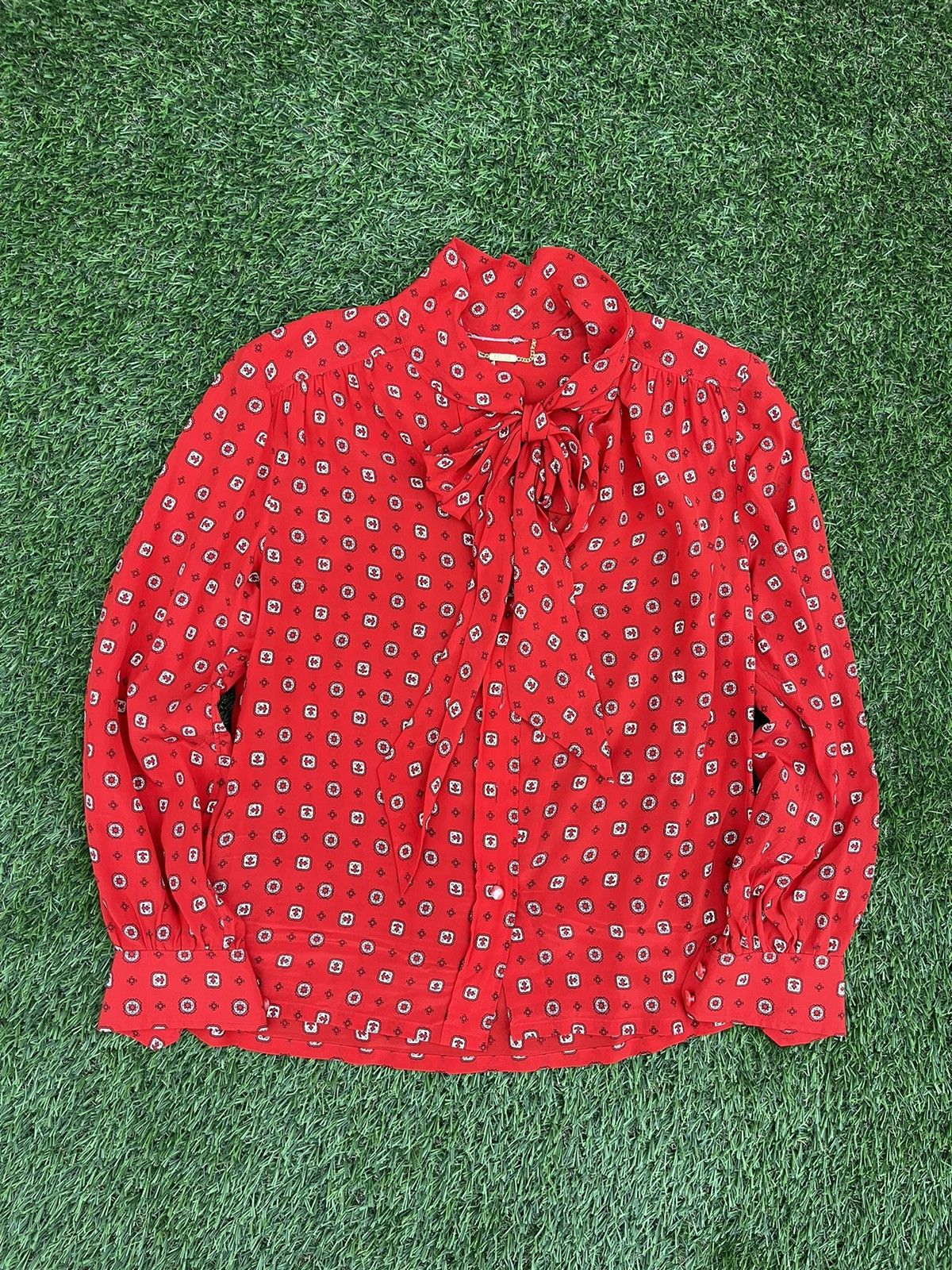 image of Celine Neck Tie Button Up in Red, Women's (Size Small)