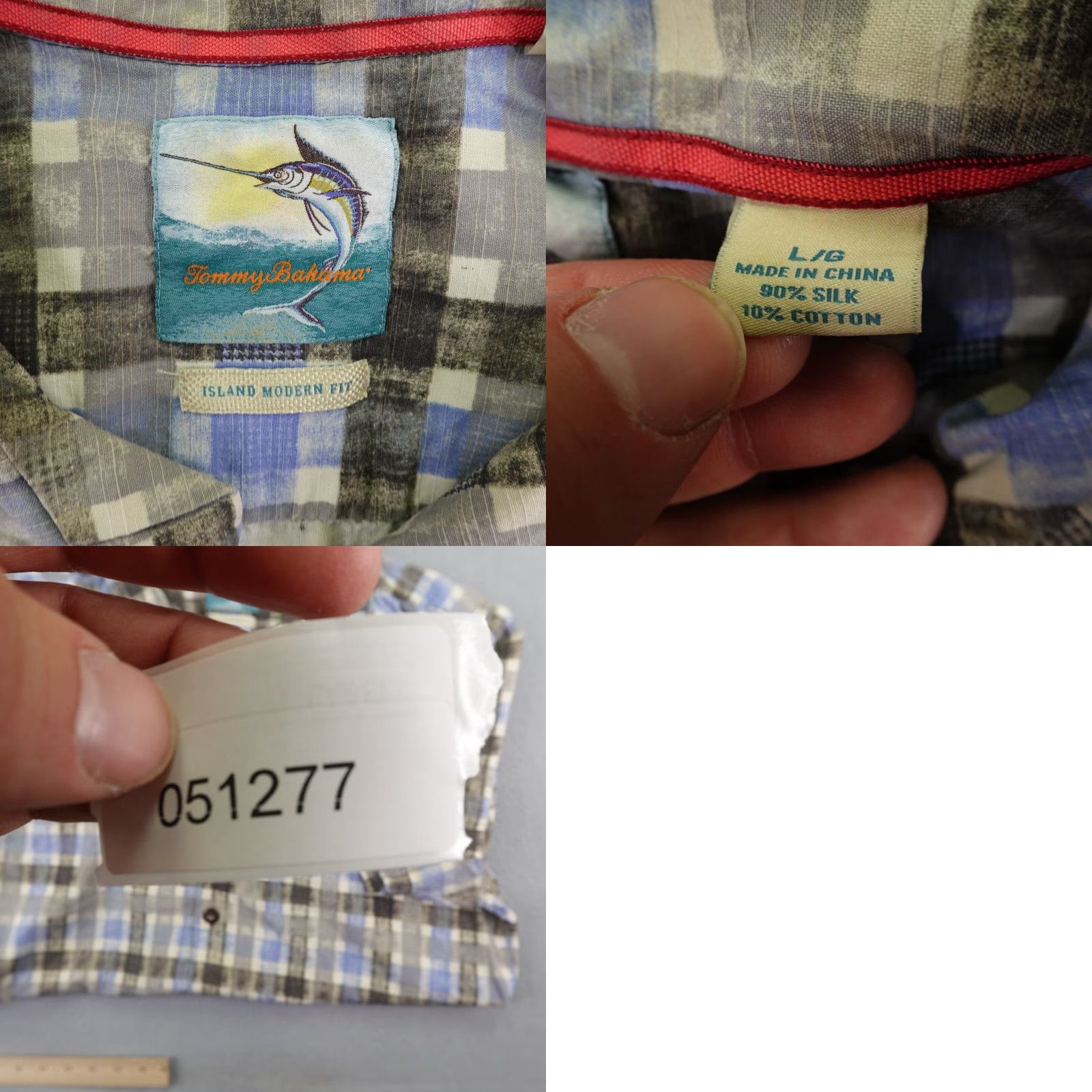 Tommy Bahama TOMMY BAHAMA Shirt Mens Large Blue Gray Plaid Silk Blend Camp Short Sleeve Tropical Beach Casual Button-Up Size US L / EU 52-54 / 3 - 8 Thumbnail
