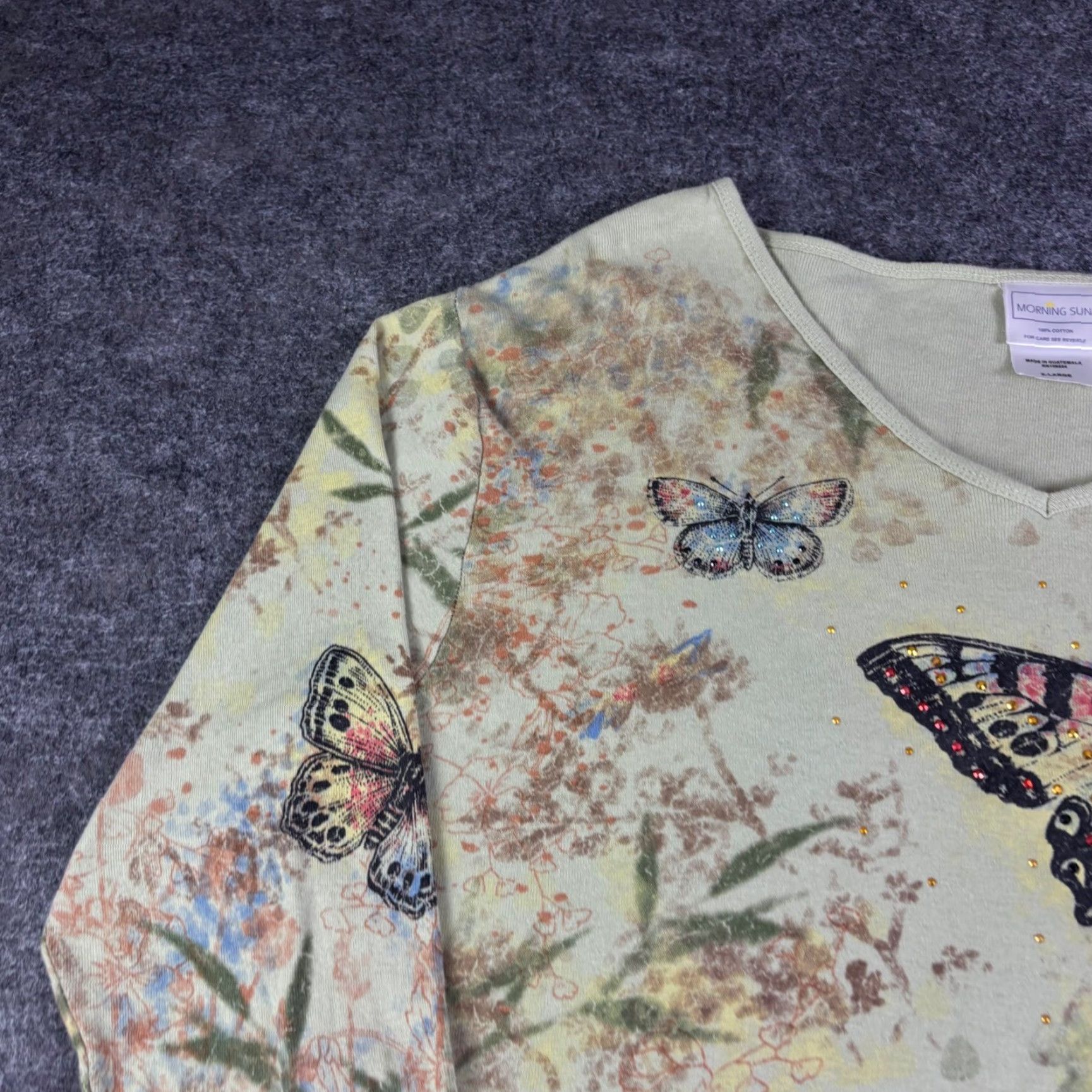 Vintage Morning Sun Floral V-Neck Top XL Green 100% Cotton Knit 3/4 Sleeve Rhinestone Womens T-Shirt Size XL / US 12-14 / IT 48-50 - 7 Thumbnail