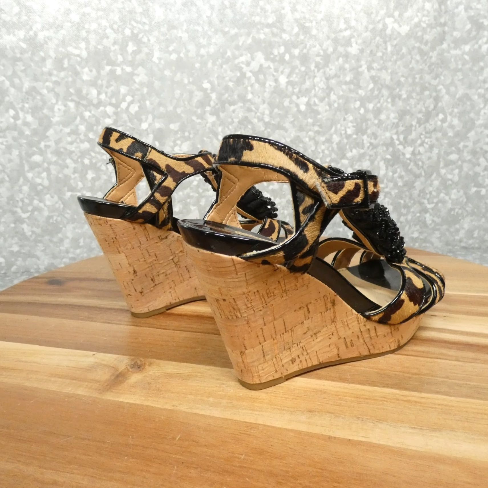 Vintage Gianni Bini Platform Wedge Sandals Womens 6M Leopard Print Leather Beaded Strap Size US 6 / IT 36 - 3 Thumbnail
