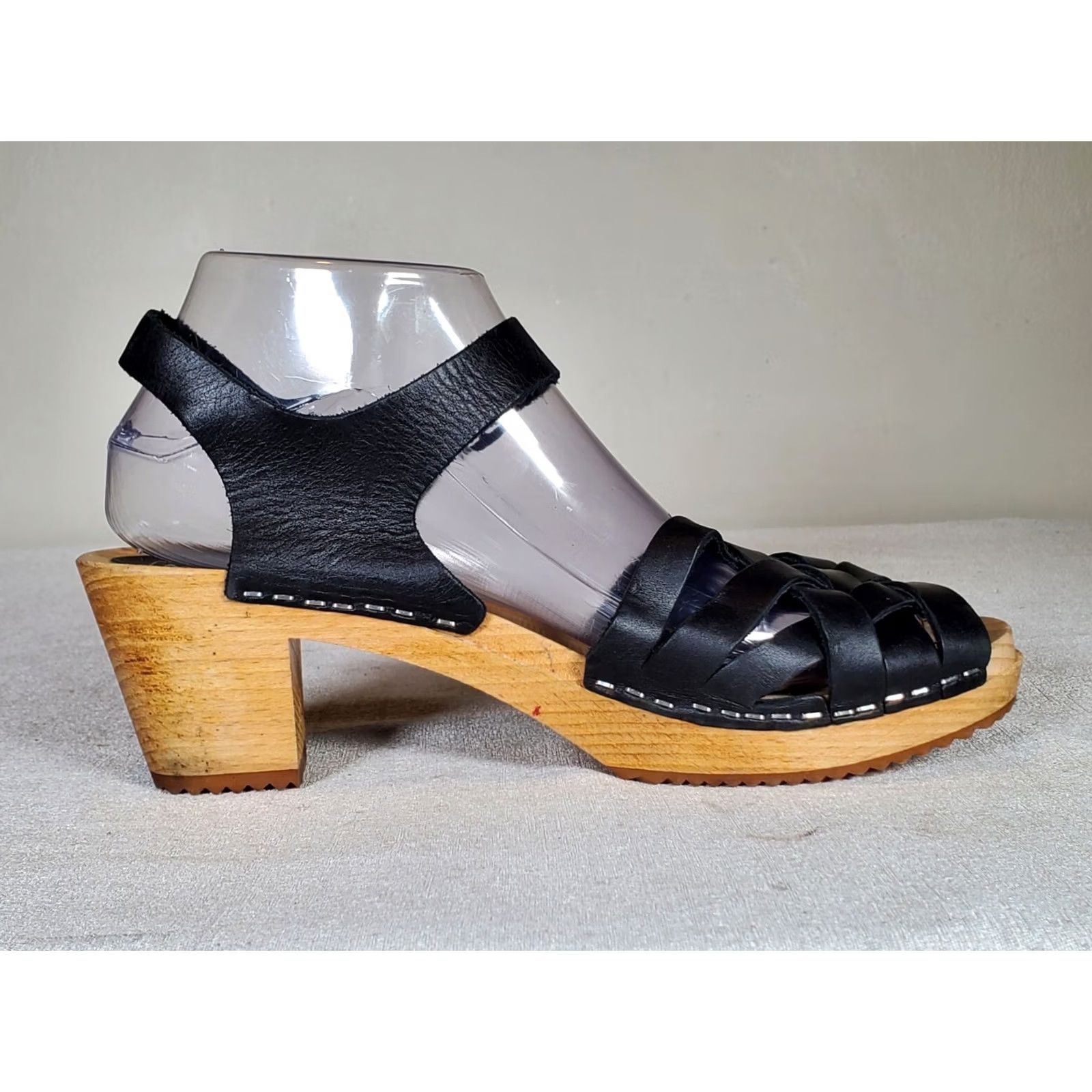 Vintage Moheda Betty Black Leather Classic Swedish Wooden Clog Sandals Women's US 8.5 EU 39 Size US 9 / IT 39 - 4 Thumbnail