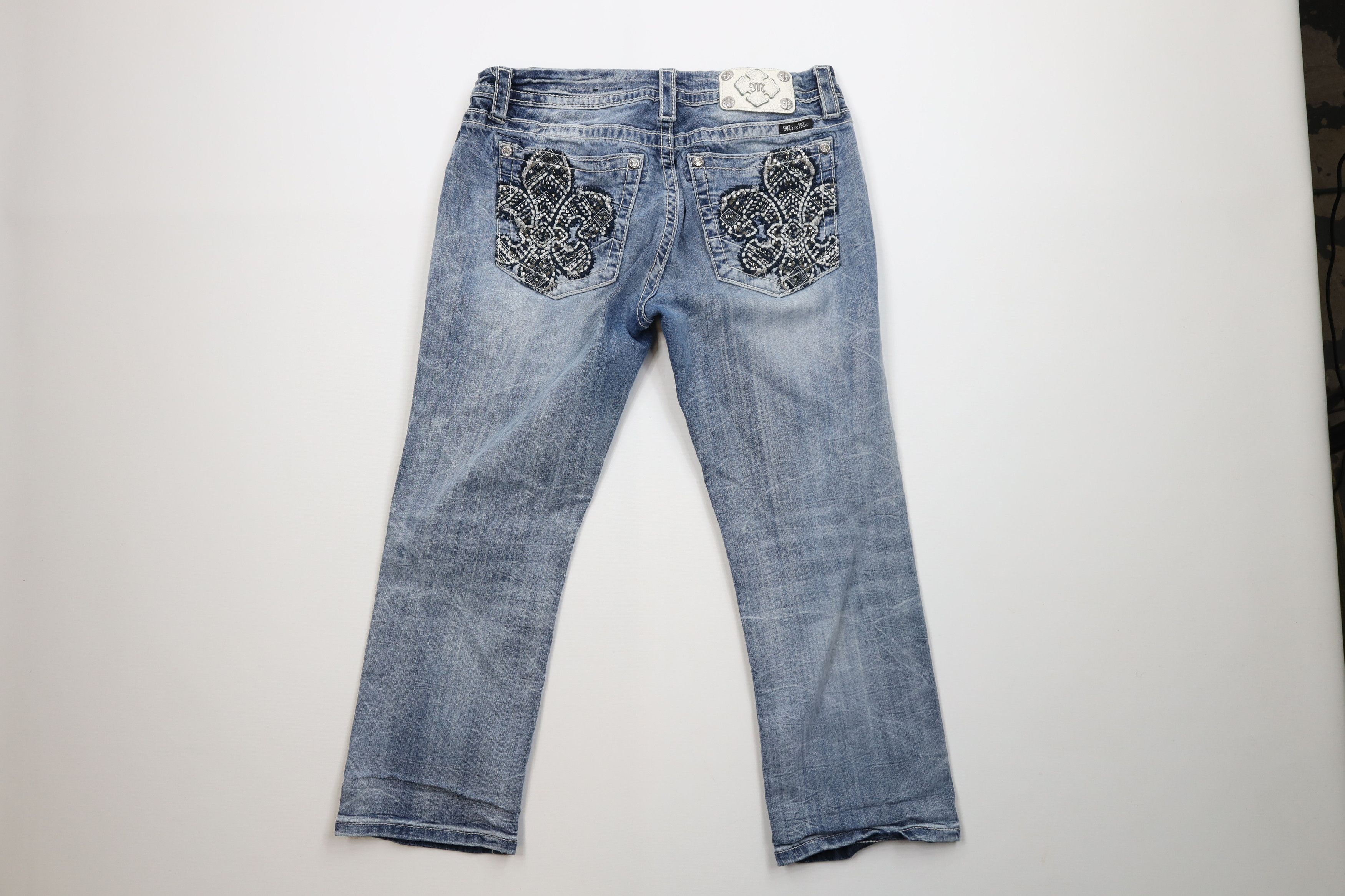 Miss Me Miss Me Stitch Fleur de Lis Jeweled Mid Rise Easy Crop Jeans Size 31" - 9 Thumbnail