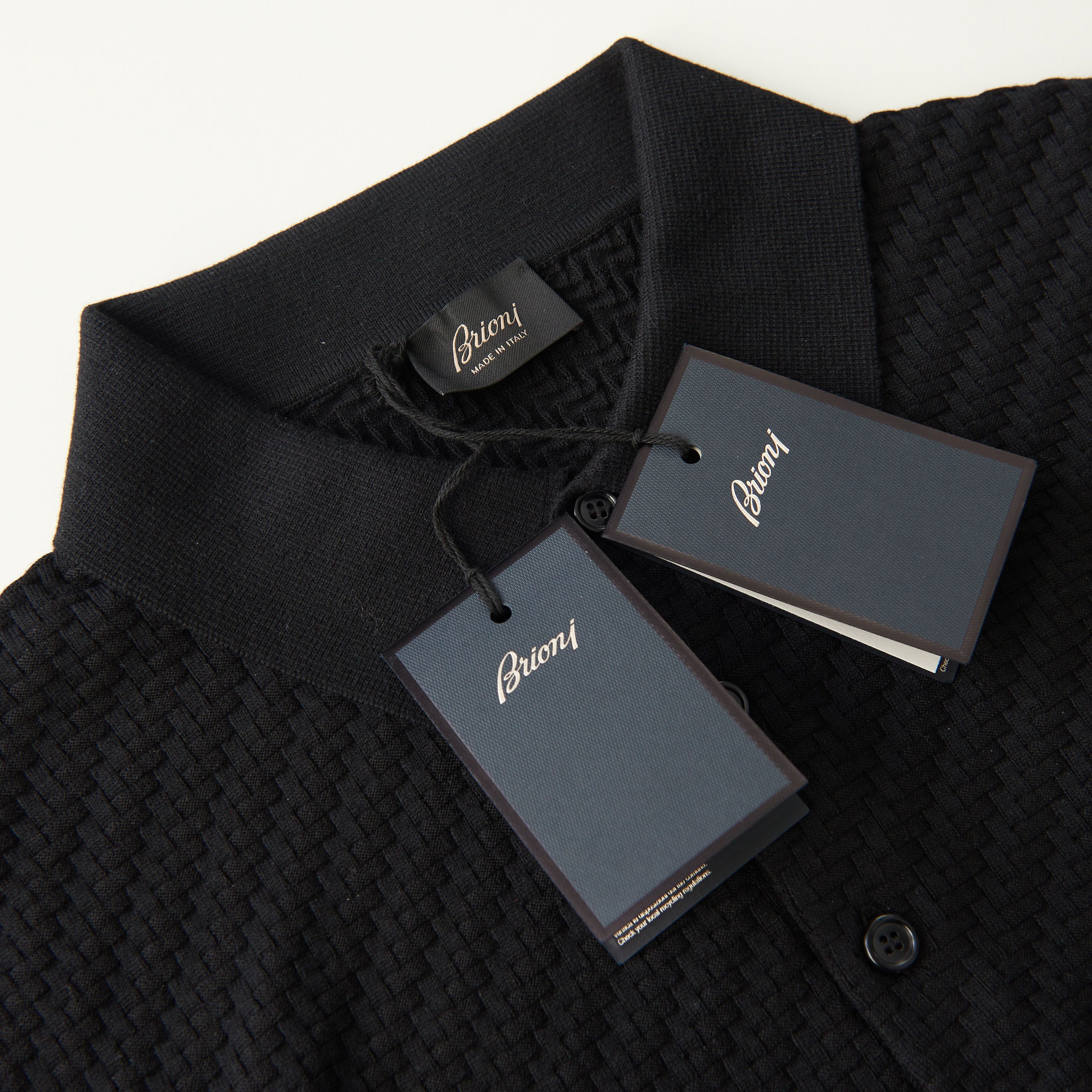 Brioni Black Cotton, Silk And Cashmere Trama Weave Polo Sweater Size US M / EU 48-50 / 2 - 9 Thumbnail