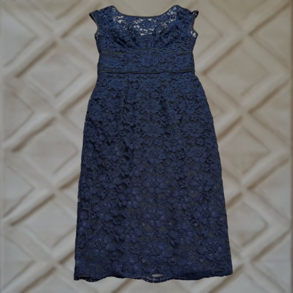 Maggy London Dress Womens 4 Navy Blue Lace Overlay Pencil Midi Sheath Cocktail