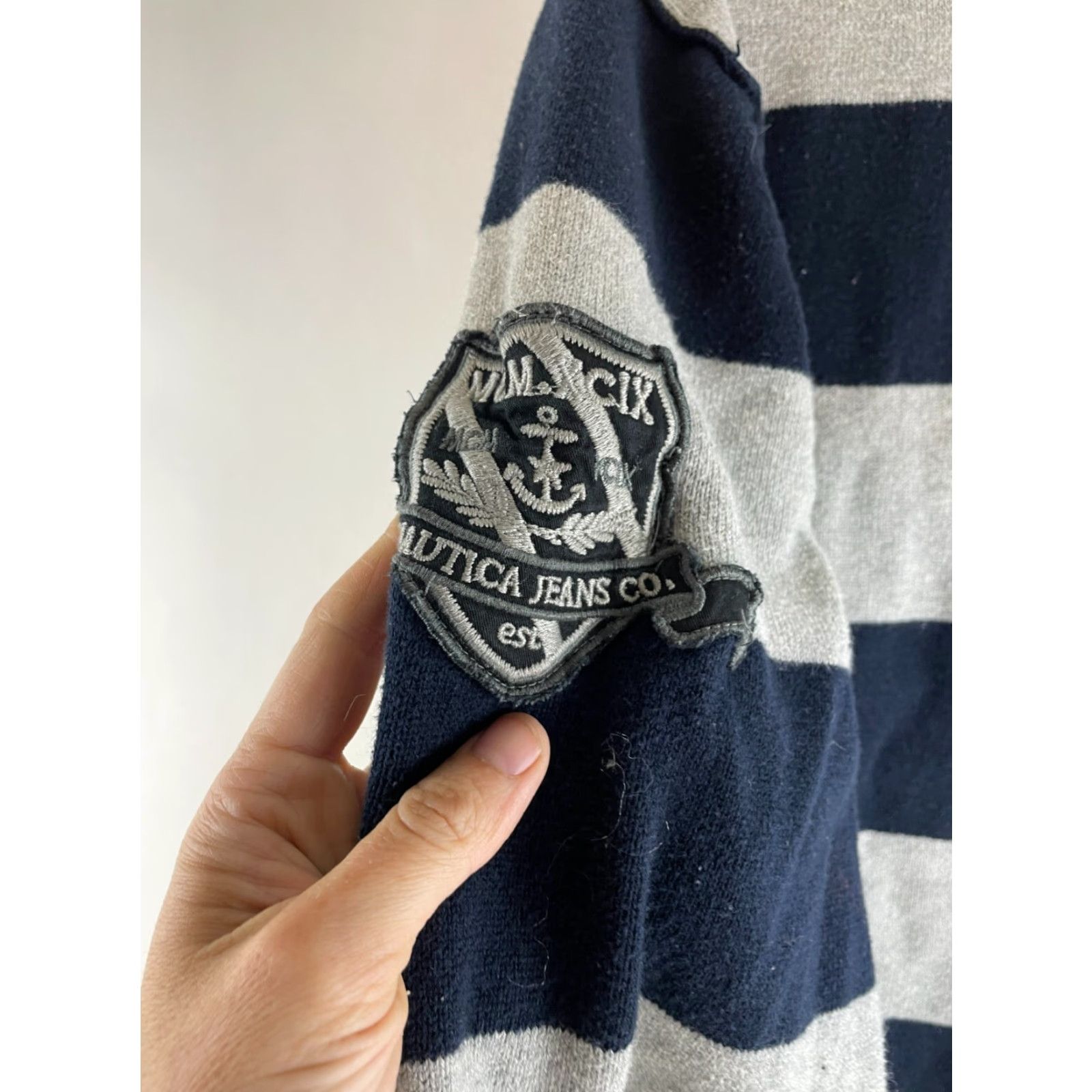 Nautica Nautica Sweater Men XL Navy Blue Gray Stripe Embroidered Patch Runs Small Size US XL / EU 56 / 4 - 4 Thumbnail