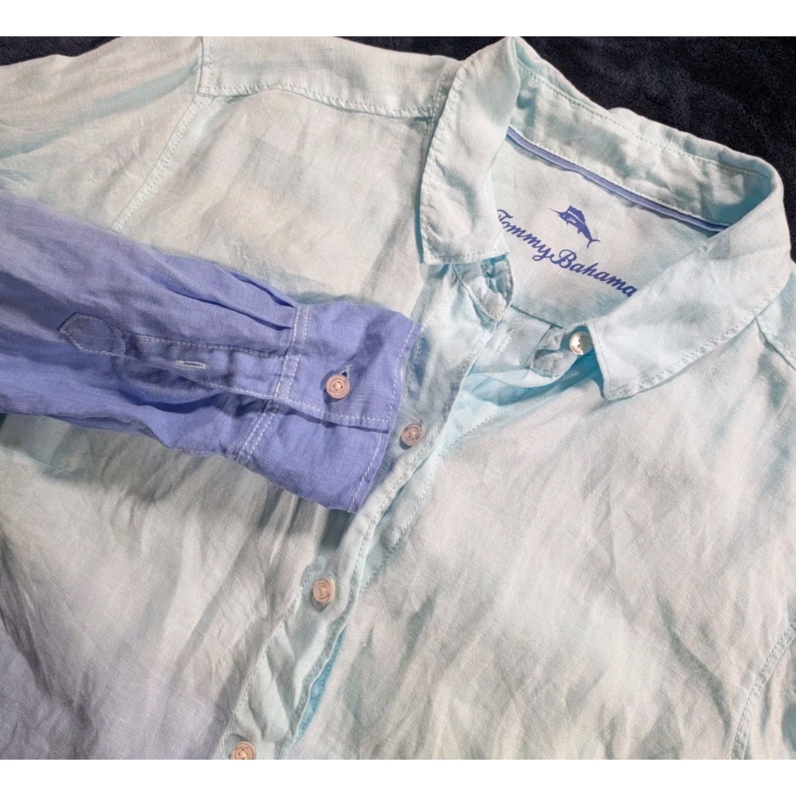 Tommy Bahama Tommy Bahama Shirt Womens Medium Blue Beachy 100% Linen Ombre Two Palms Dip-Dye Long Sleeve Collared Button Blouse Leather? Size M / US 6-8 / IT 42-44 - 3 Thumbnail