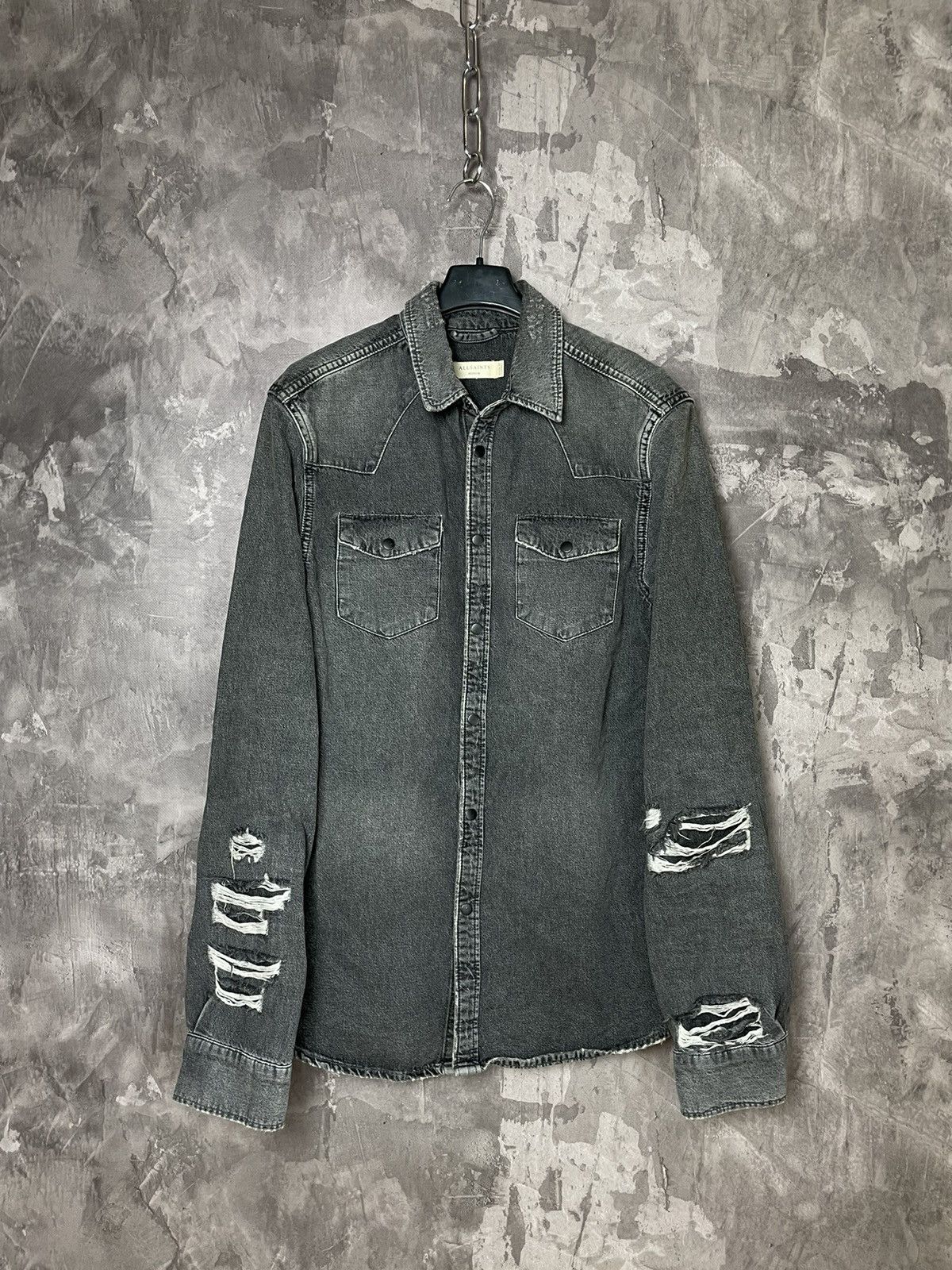 Allsaints AllSaints Denim Distressed Faded Grey Y2K overshirt buttonup Size US M / EU 48-50 / 2 - 1 Thumbnail